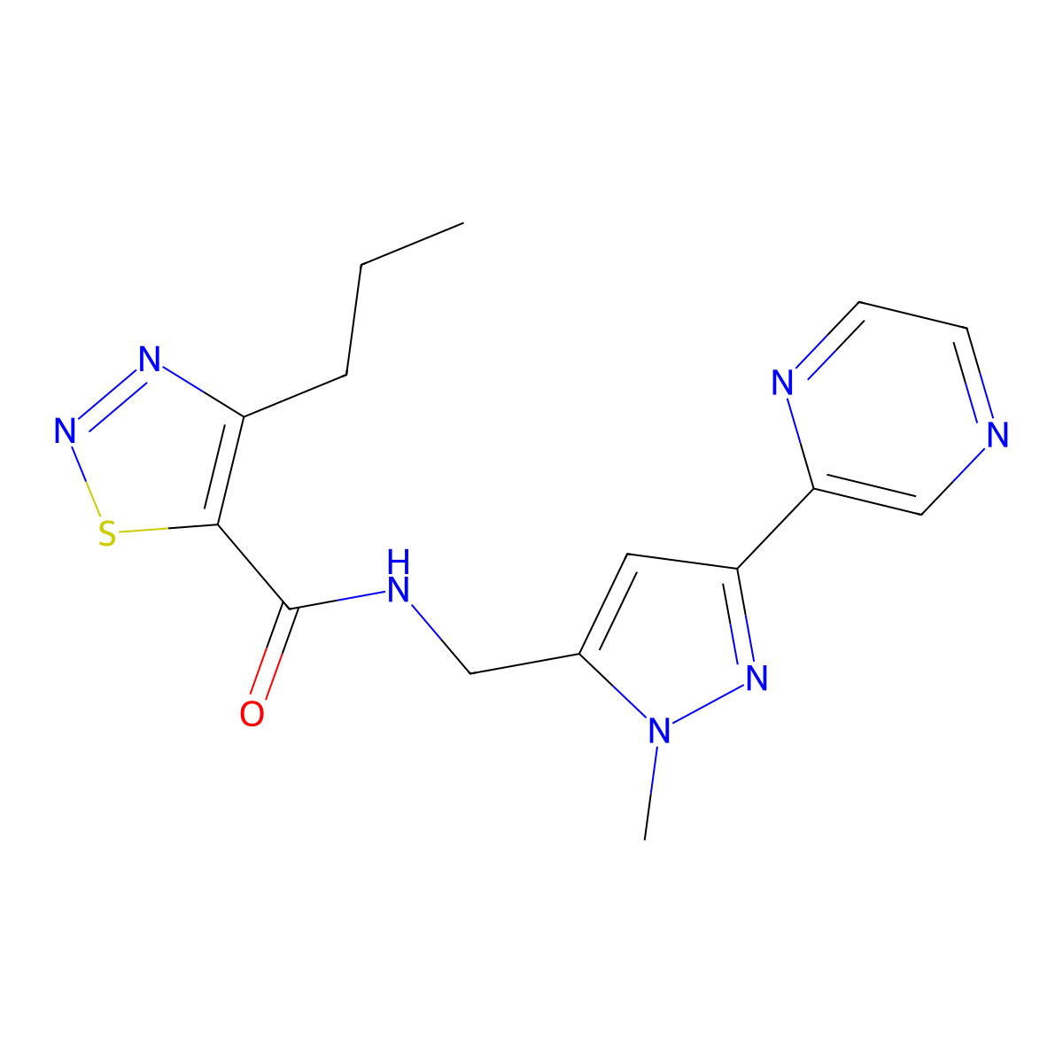 N-((1-methyl-3-(pyrazin-2-yl)-1H-pyrazol-5-yl)methyl)-4-propyl-1,2,3-thiadiazole-5-carboxamide molecular structure, CAS 2034507-94-1