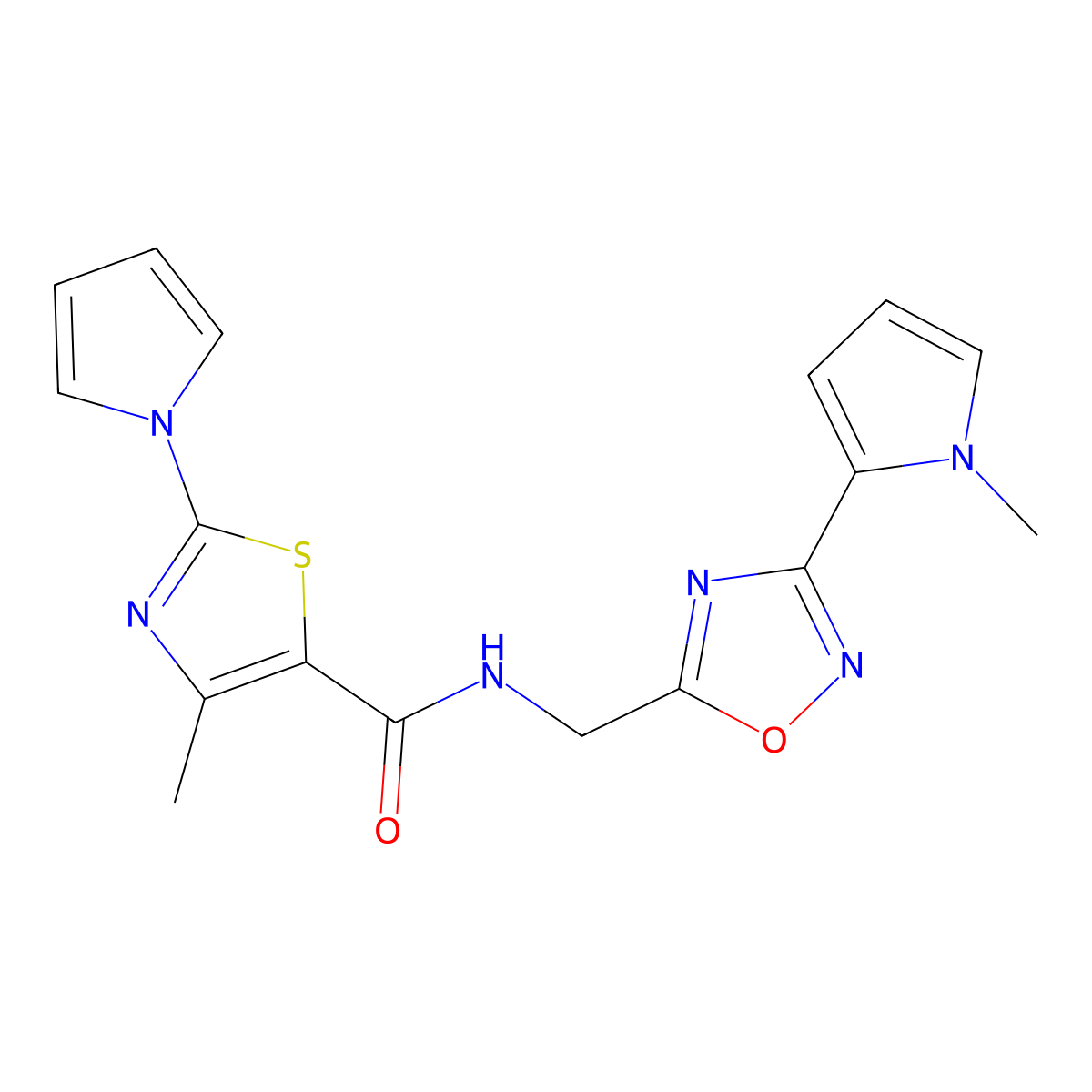 4-methyl-N-((3-(1-methyl-1H-pyrrol-2-yl)-1,2,4-oxadiazol-5-yl)methyl)-2-(1H-pyrrol-1-yl)thiazole-5-carboxamide molecular structure, CAS 2034507-97-4