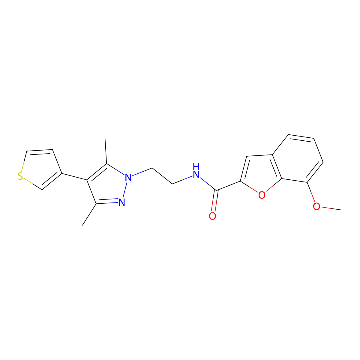N-(2-(3,5-dimethyl-4-(thiophen-3-yl)-1H-pyrazol-1-yl)ethyl)-7-methoxybenzofuran-2-carboxamide molecular structure, CAS 2034508-03-5