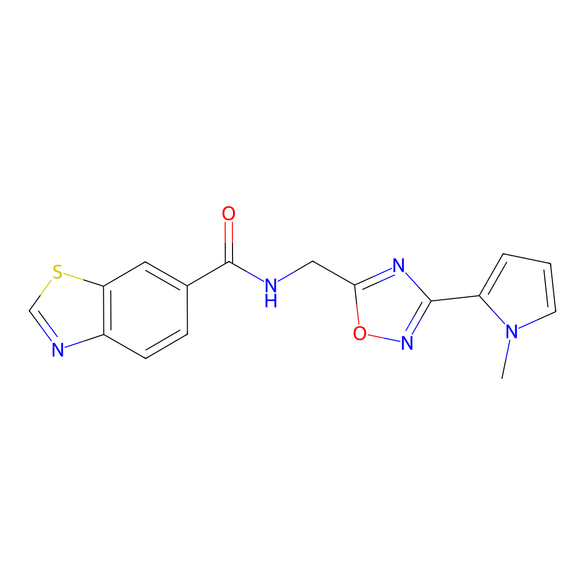 N-((3-(1-methyl-1H-pyrrol-2-yl)-1,2,4-oxadiazol-5-yl)methyl)benzo[d]thiazole-6-carboxamide molecular structure, CAS 2034508-05-7