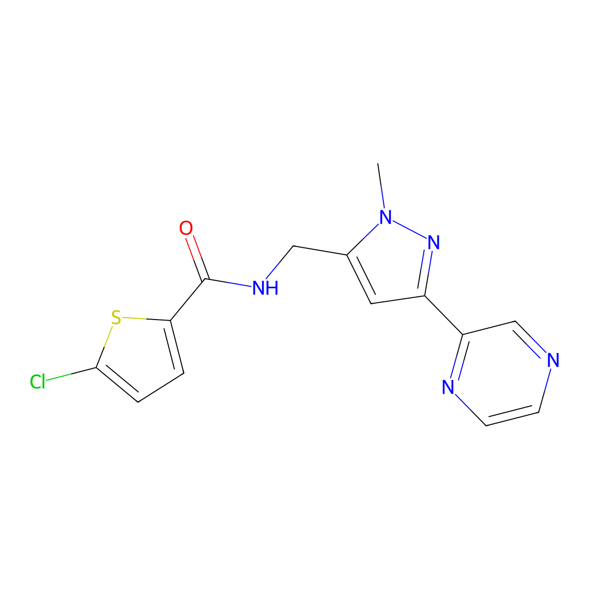 5-chloro-N-((1-methyl-3-(pyrazin-2-yl)-1H-pyrazol-5-yl)methyl)thiophene-2-carboxamide molecular structure, CAS 2034508-07-9