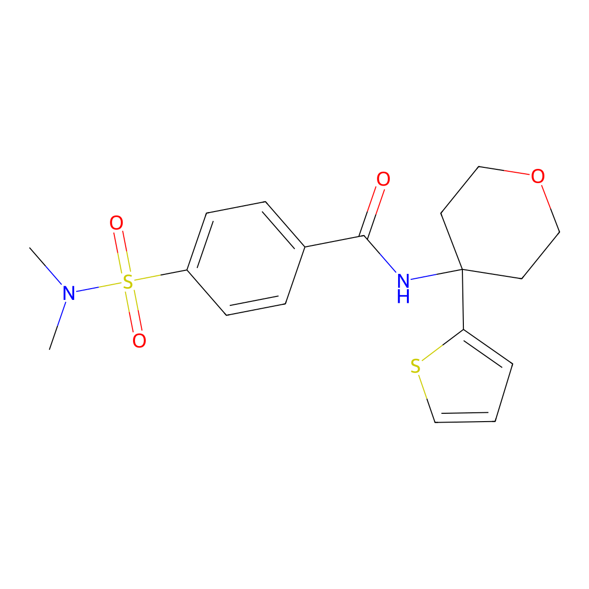 4-(N,N-dimethylsulfamoyl)-N-(4-(thiophen-2-yl)tetrahydro-2H-pyran-4-yl)benzamide molecular structure, CAS 2034508-08-0