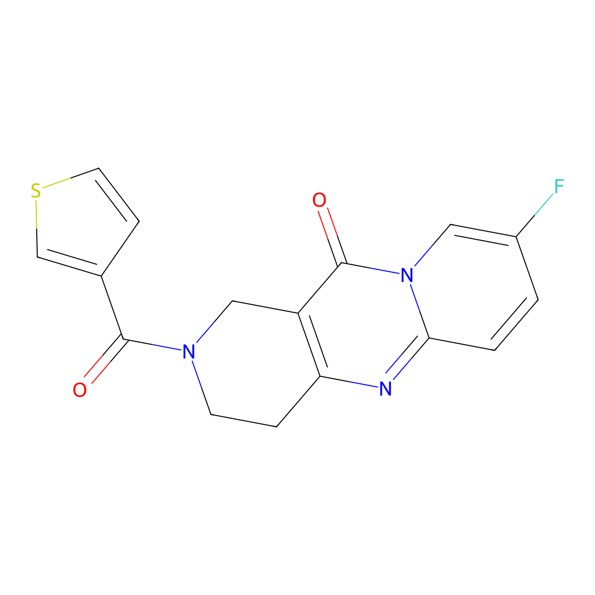 8-fluoro-2-(thiophene-3-carbonyl)-3,4-dihydro-1H-dipyrido[1,2-a:4',3'-d]pyrimidin-11(2H)-one molecular structure, CAS 2034508-12-6