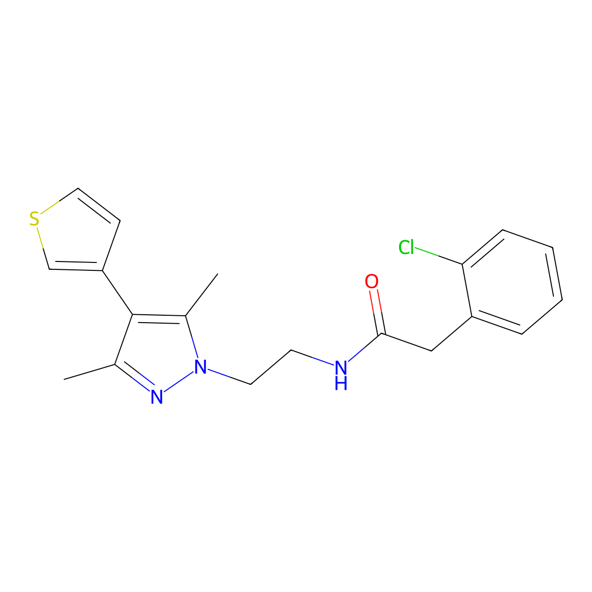 2-(2-chlorophenyl)-N-(2-(3,5-dimethyl-4-(thiophen-3-yl)-1H-pyrazol-1-yl)ethyl)acetamide molecular structure, CAS 2034508-14-8