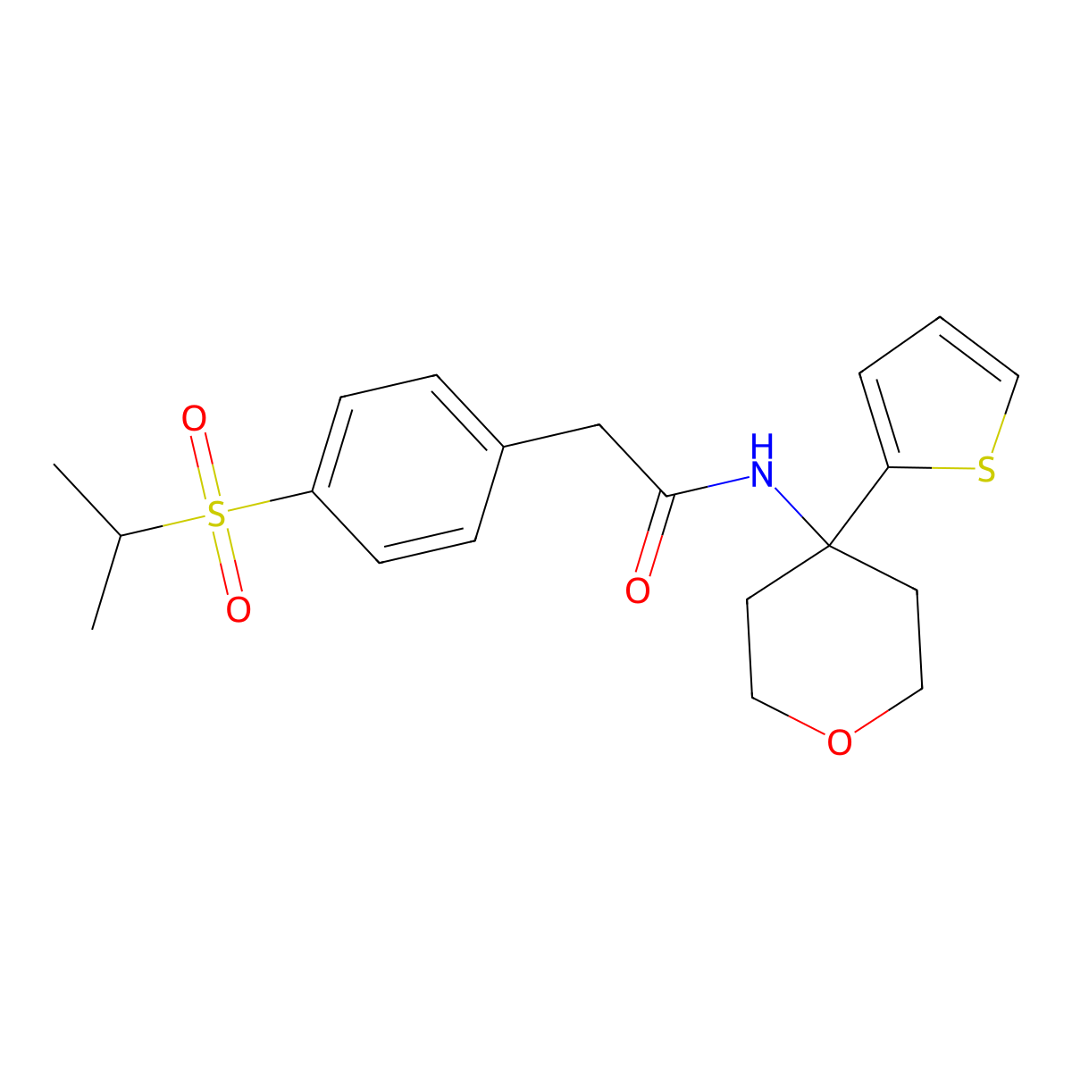2-(4-(isopropylsulfonyl)phenyl)-N-(4-(thiophen-2-yl)tetrahydro-2H-pyran-4-yl)acetamide molecular structure, CAS 2034508-15-9