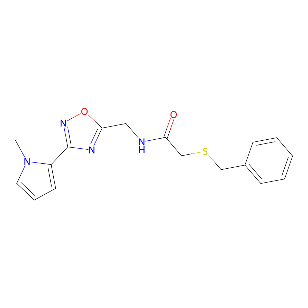 2-(benzylthio)-N-((3-(1-methyl-1H-pyrrol-2-yl)-1,2,4-oxadiazol-5-yl)methyl)acetamide molecular structure, CAS 2034508-19-3