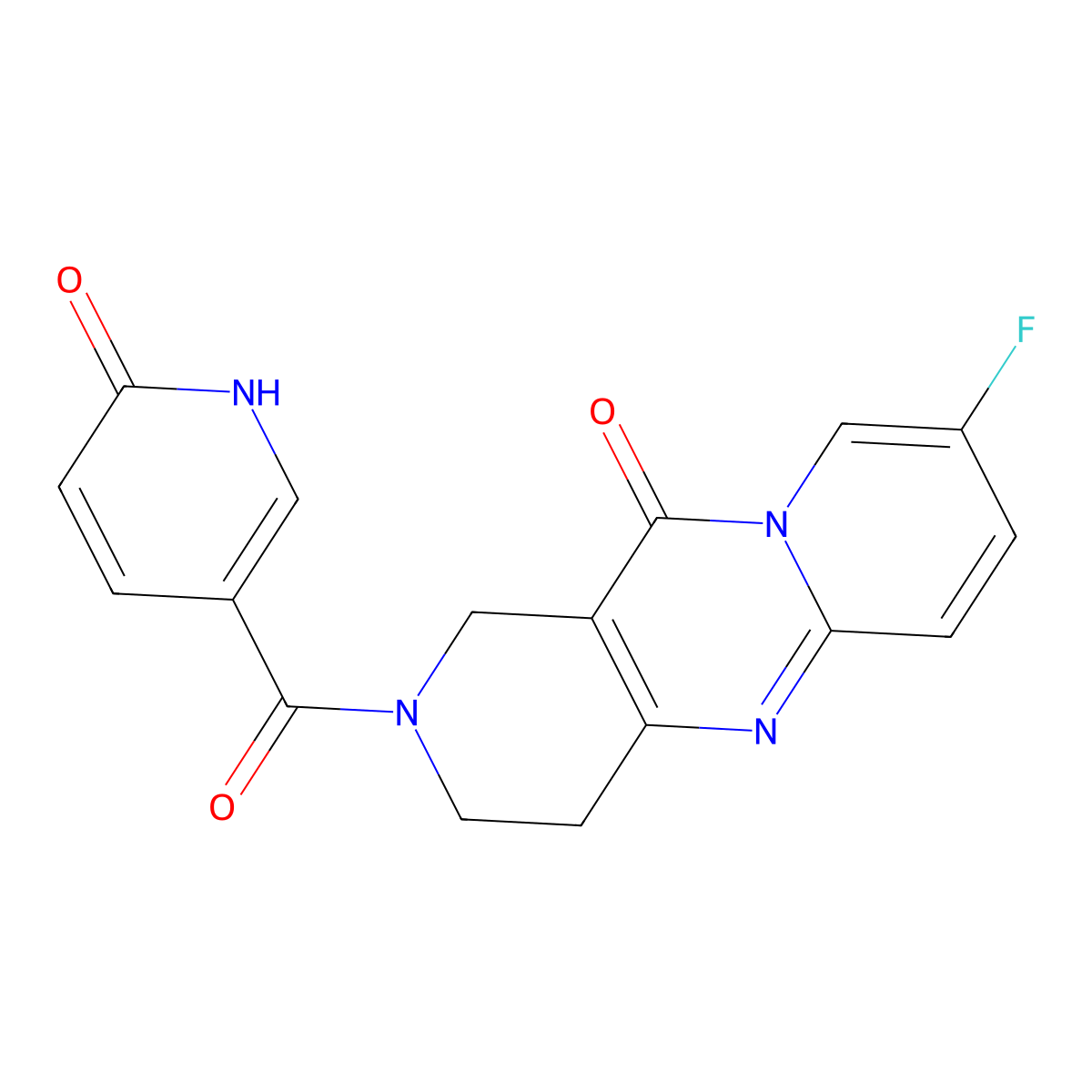 8-fluoro-2-(6-oxo-1,6-dihydropyridine-3-carbonyl)-3,4-dihydro-1H-dipyrido[1,2-a:4',3'-d]pyrimidin-11(2H)-one molecular structure, CAS 2034508-20-6