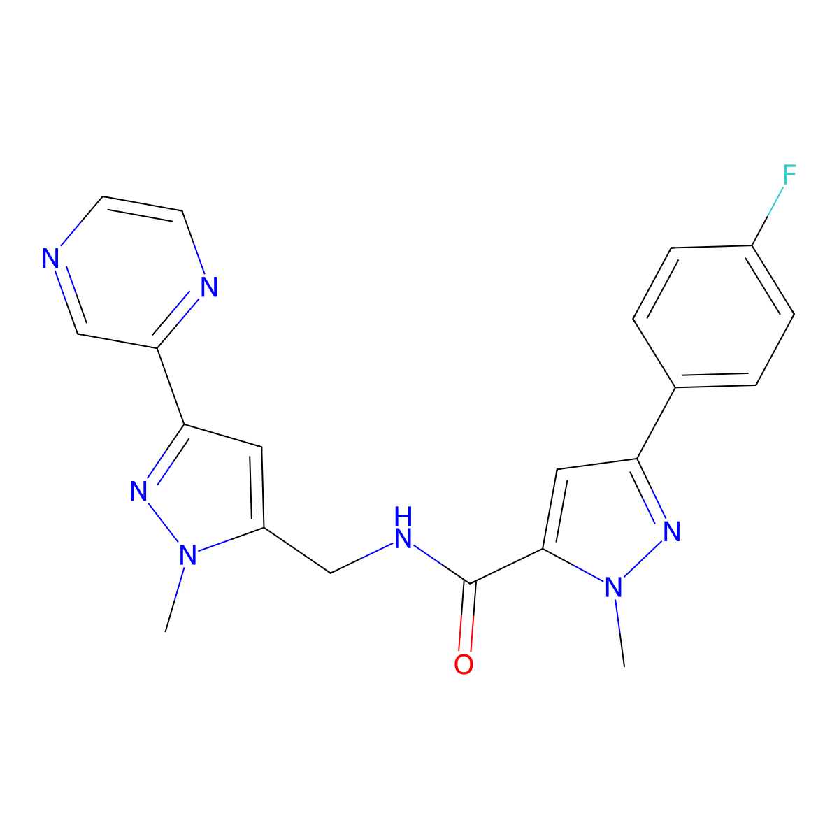 3-(4-fluorophenyl)-1-methyl-N-{[1-methyl-3-(pyrazin-2-yl)-1H-pyrazol-5-yl]methyl}-1H-pyrazole-5-carboxamide molecular structure, CAS 2034508-24-0