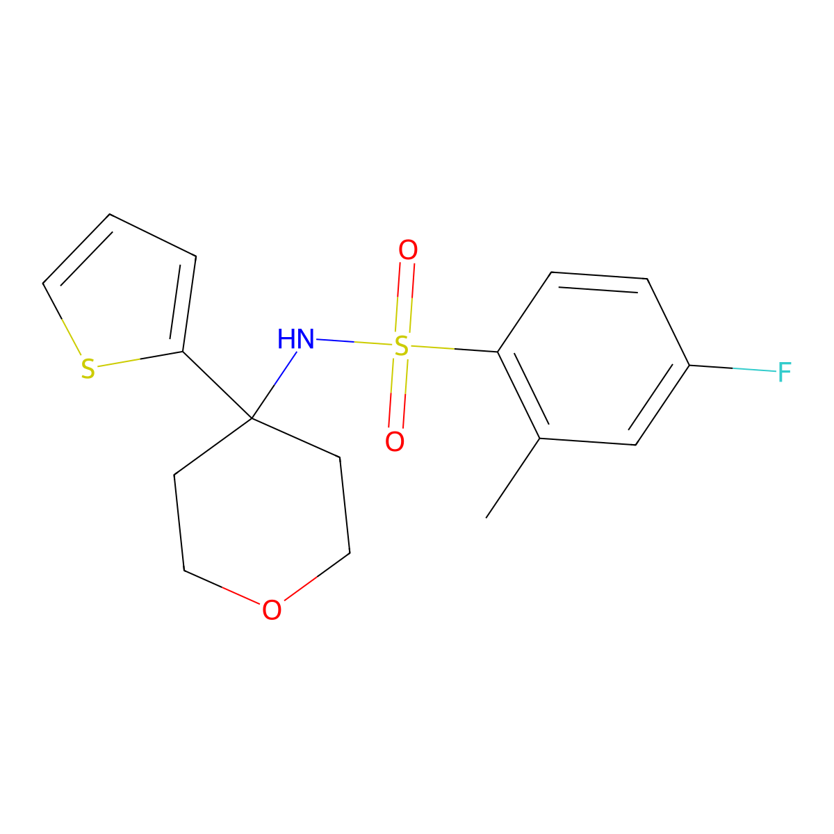 4-fluoro-2-methyl-N-(4-(thiophen-2-yl)tetrahydro-2H-pyran-4-yl)benzenesulfonamide molecular structure, CAS 2034508-29-5