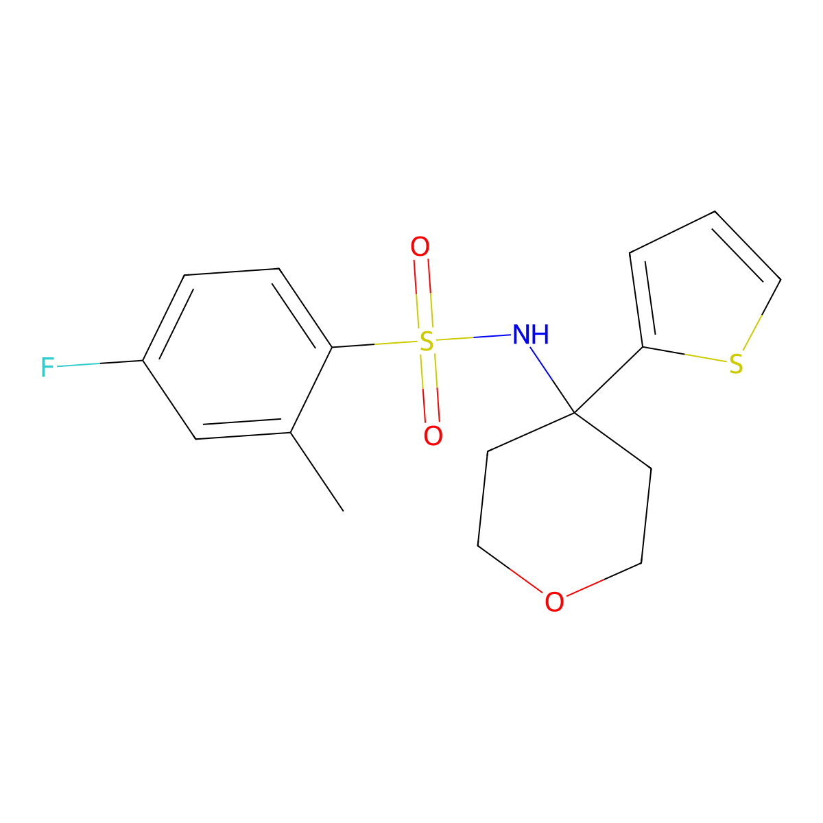 4-fluoro-2-methyl-N-(4-(thiophen-2-yl)tetrahydro-2H-pyran-4-yl)benzenesulfonamide molecular structure, CAS 2034508-29-5