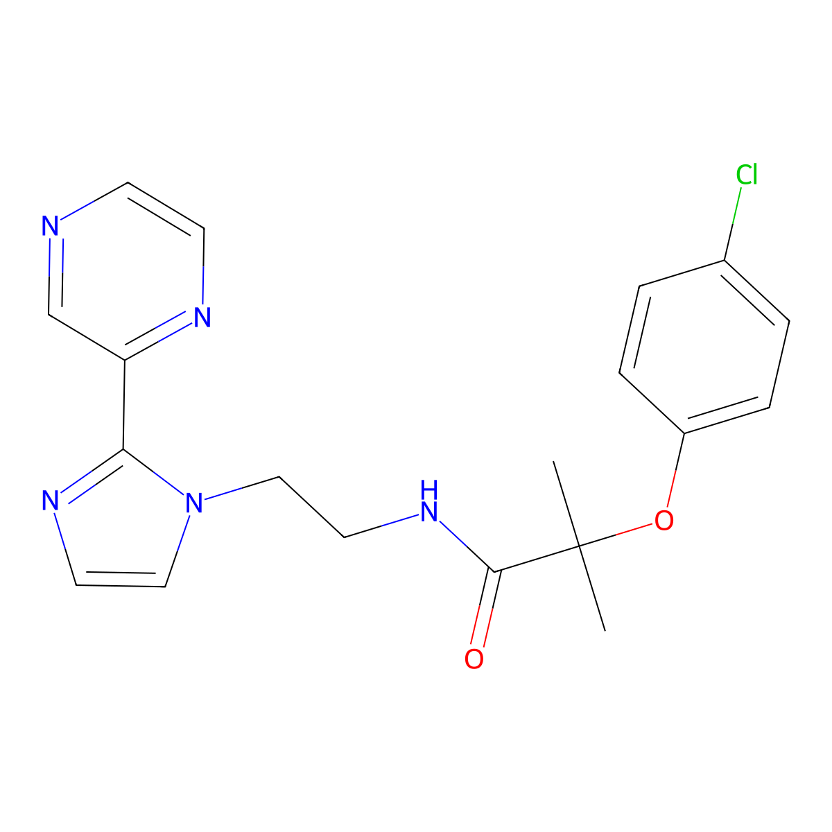 2-(4-chlorophenoxy)-2-methyl-N-{2-[2-(pyrazin-2-yl)-1H-imidazol-1-yl]ethyl}propanamide molecular structure, CAS 2034508-33-1