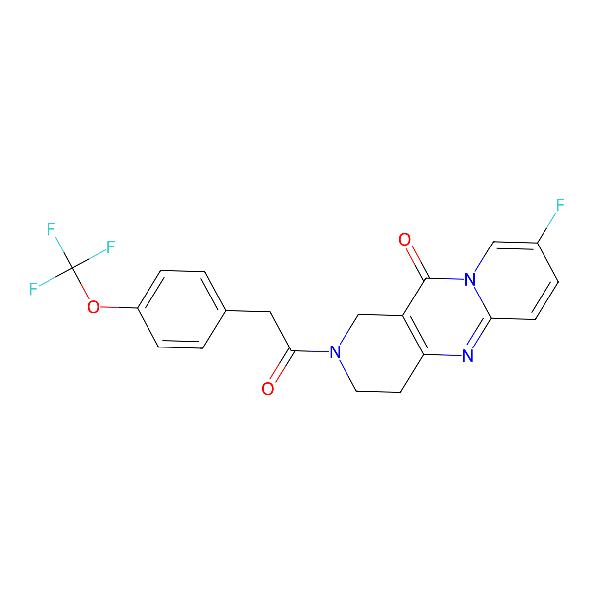 8-fluoro-2-(2-(4-(trifluoromethoxy)phenyl)acetyl)-3,4-dihydro-1H-dipyrido[1,2-a:4',3'-d]pyrimidin-11(2H)-one molecular structure, CAS 2034508-37-5