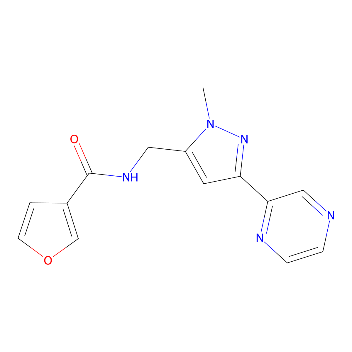 N-((1-methyl-3-(pyrazin-2-yl)-1H-pyrazol-5-yl)methyl)furan-3-carboxamide molecular structure, CAS 2034508-38-6