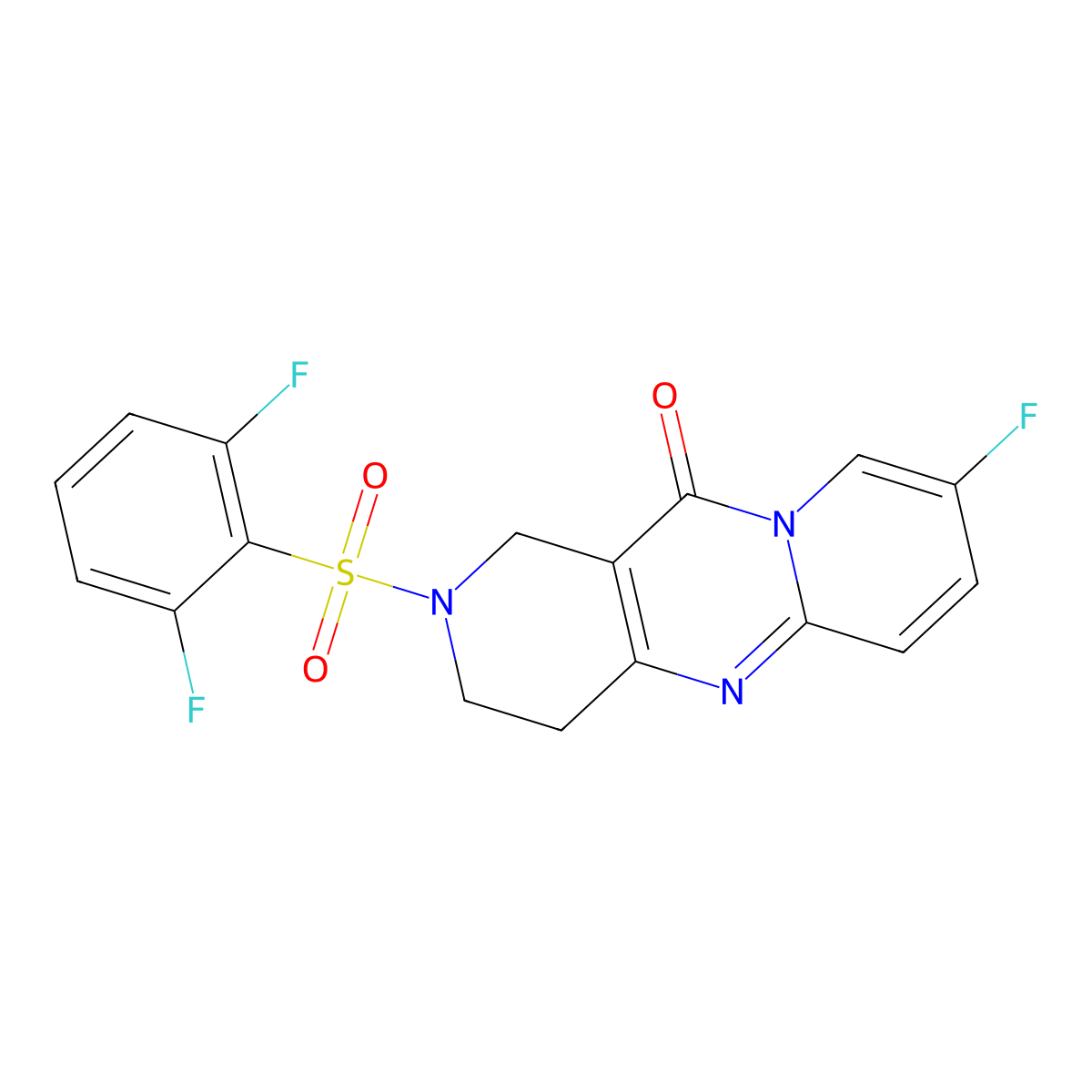 2-((2,6-difluorophenyl)sulfonyl)-8-fluoro-3,4-dihydro-1H-dipyrido[1,2-a:4',3'-d]pyrimidin-11(2H)-one molecular structure, CAS 2034508-44-4