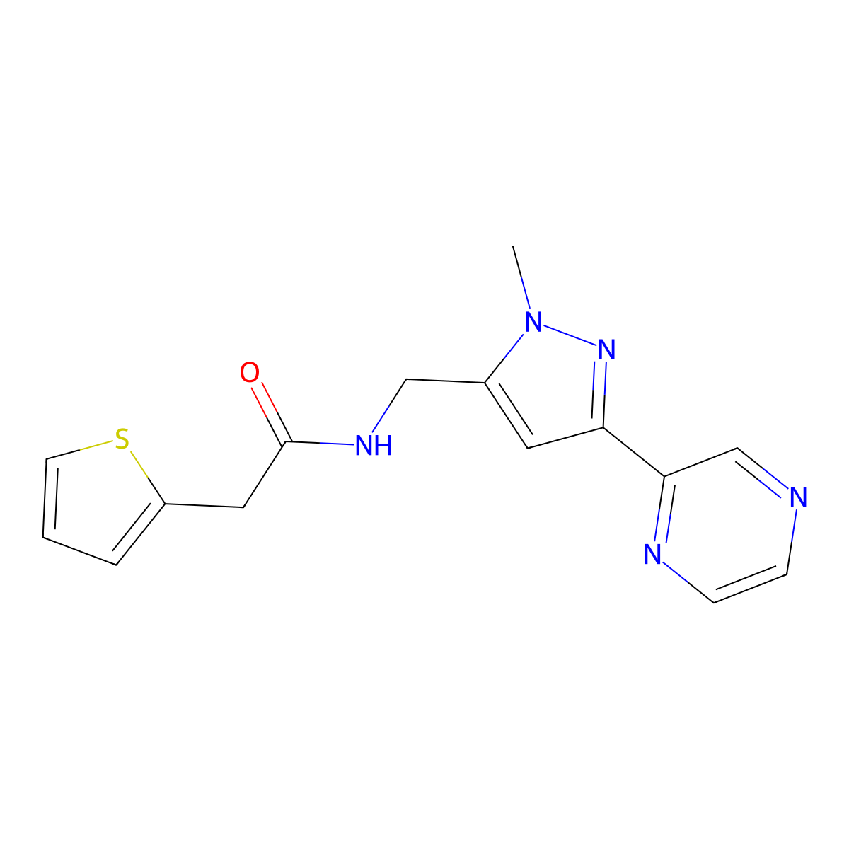N-{[1-methyl-3-(pyrazin-2-yl)-1H-pyrazol-5-yl]methyl}-2-(thiophen-2-yl)acetamide molecular structure, CAS 2034508-45-5