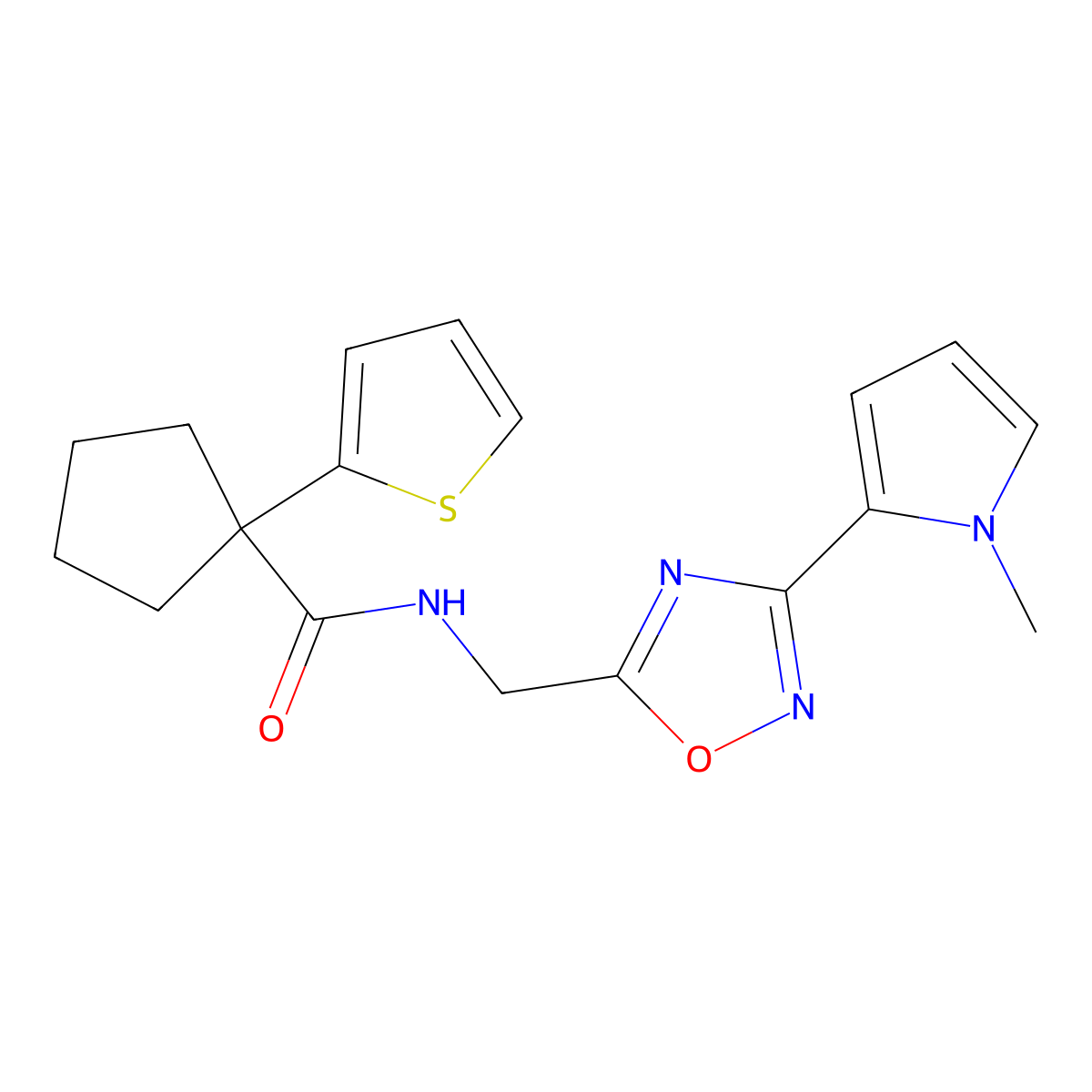 N-((3-(1-methyl-1H-pyrrol-2-yl)-1,2,4-oxadiazol-5-yl)methyl)-1-(thiophen-2-yl)cyclopentanecarboxamide molecular structure, CAS 2034508-51-3