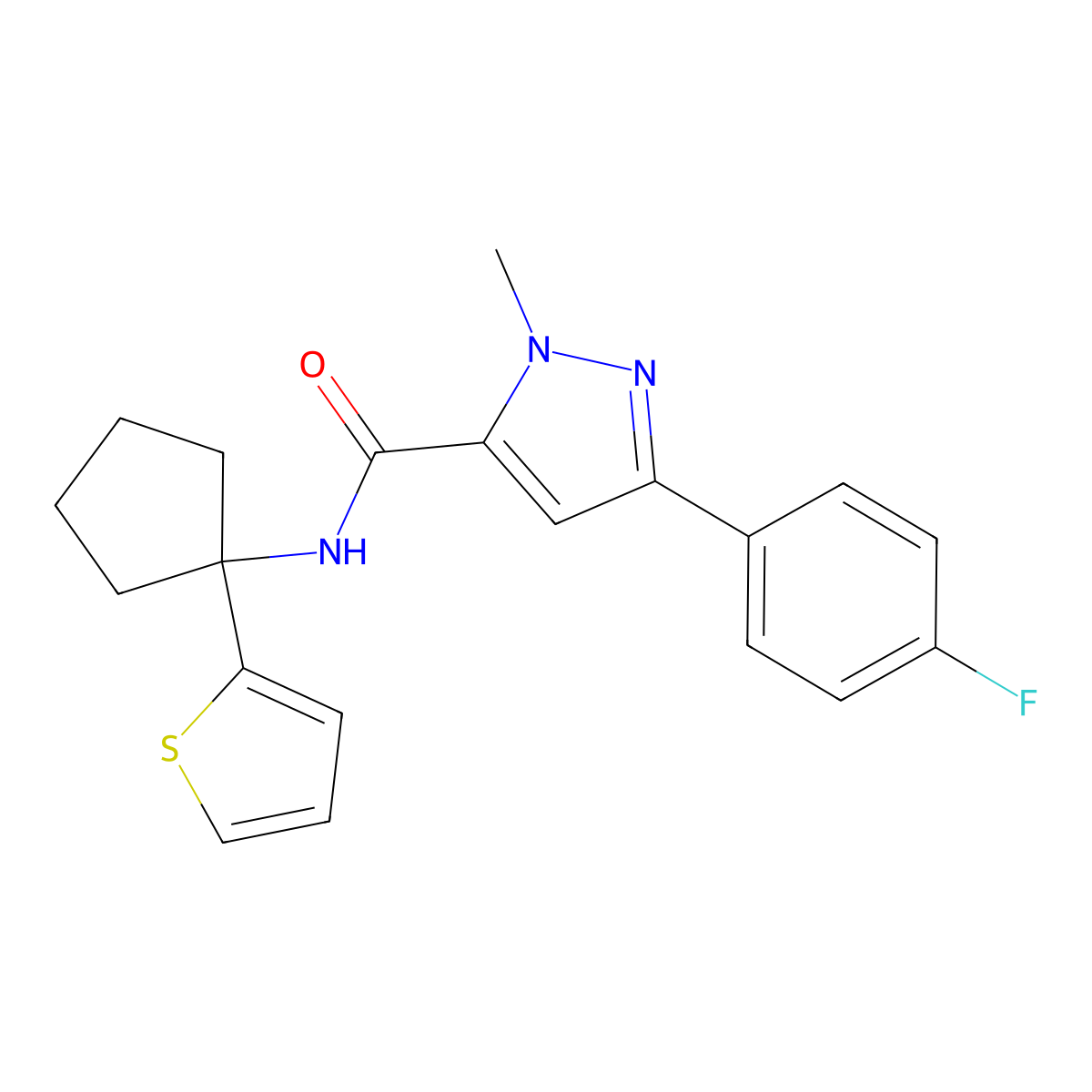 3-(4-fluorophenyl)-1-methyl-N-[1-(thiophen-2-yl)cyclopentyl]-1H-pyrazole-5-carboxamide molecular structure, CAS 2034508-57-9