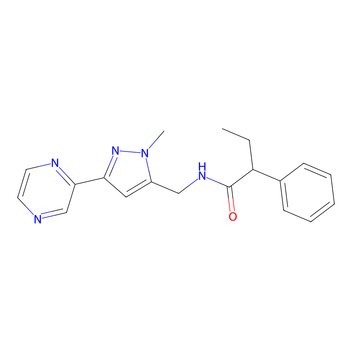 N-((1-methyl-3-(pyrazin-2-yl)-1H-pyrazol-5-yl)methyl)-2-phenylbutanamide molecular structure, CAS 2034508-58-0