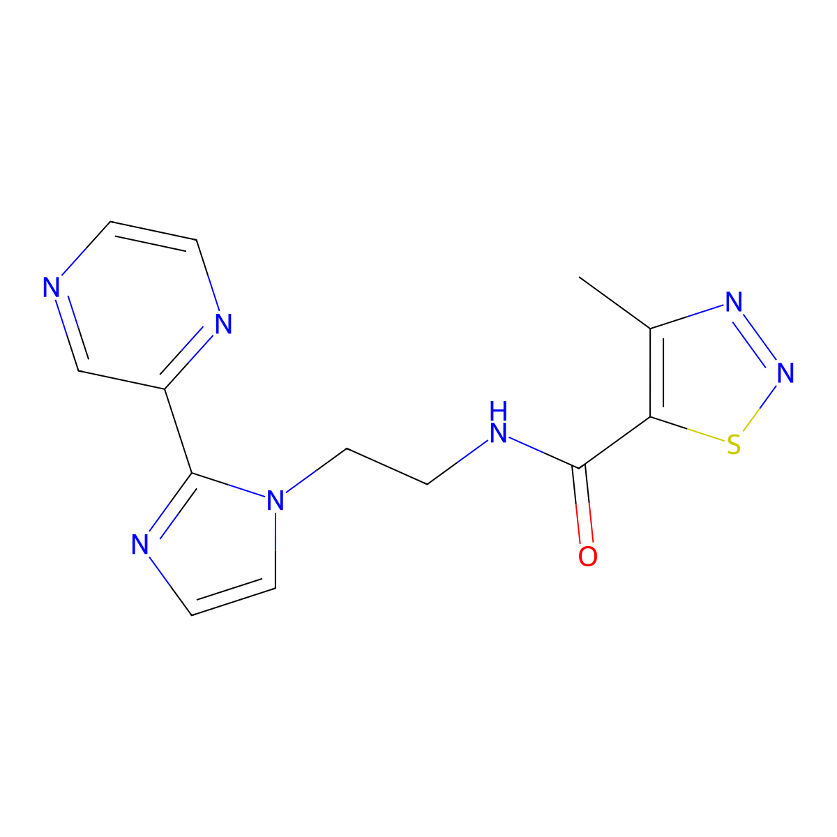 4-methyl-N-{2-[2-(pyrazin-2-yl)-1H-imidazol-1-yl]ethyl}-1,2,3-thiadiazole-5-carboxamide molecular structure, CAS 2034508-65-9
