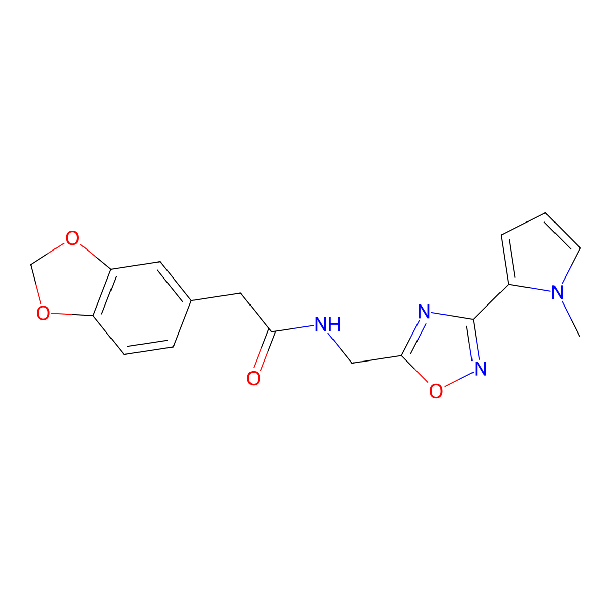 2-(benzo[d][1,3]dioxol-5-yl)-N-((3-(1-methyl-1H-pyrrol-2-yl)-1,2,4-oxadiazol-5-yl)methyl)acetamide molecular structure, CAS 2034508-67-1