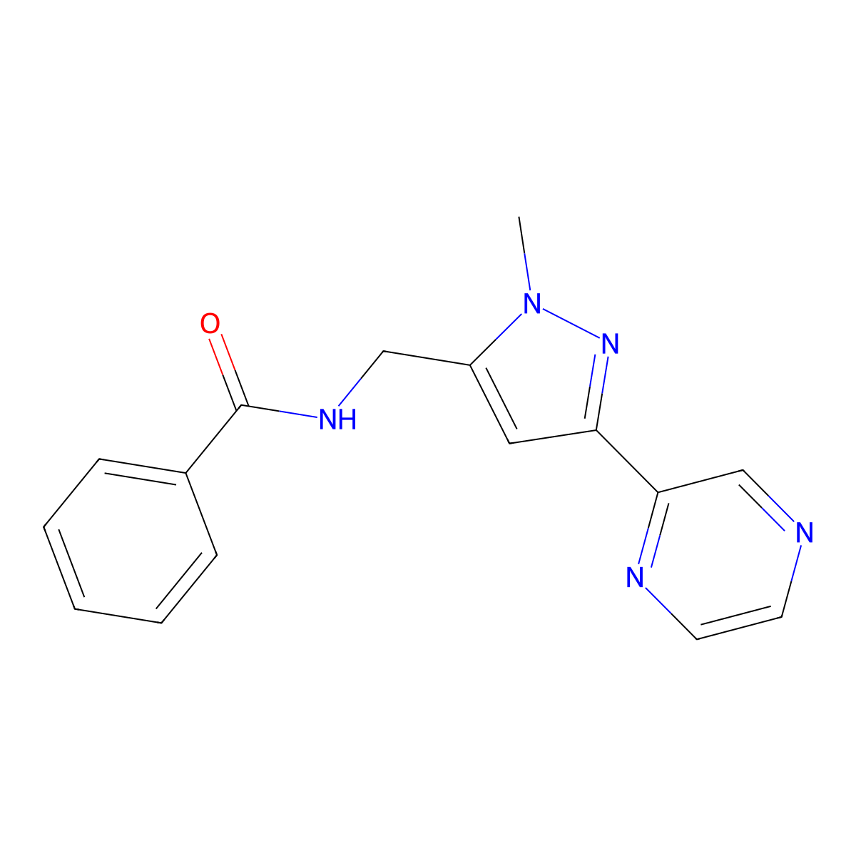 N-{[1-methyl-3-(pyrazin-2-yl)-1H-pyrazol-5-yl]methyl}benzamide molecular structure, CAS 2034508-69-3