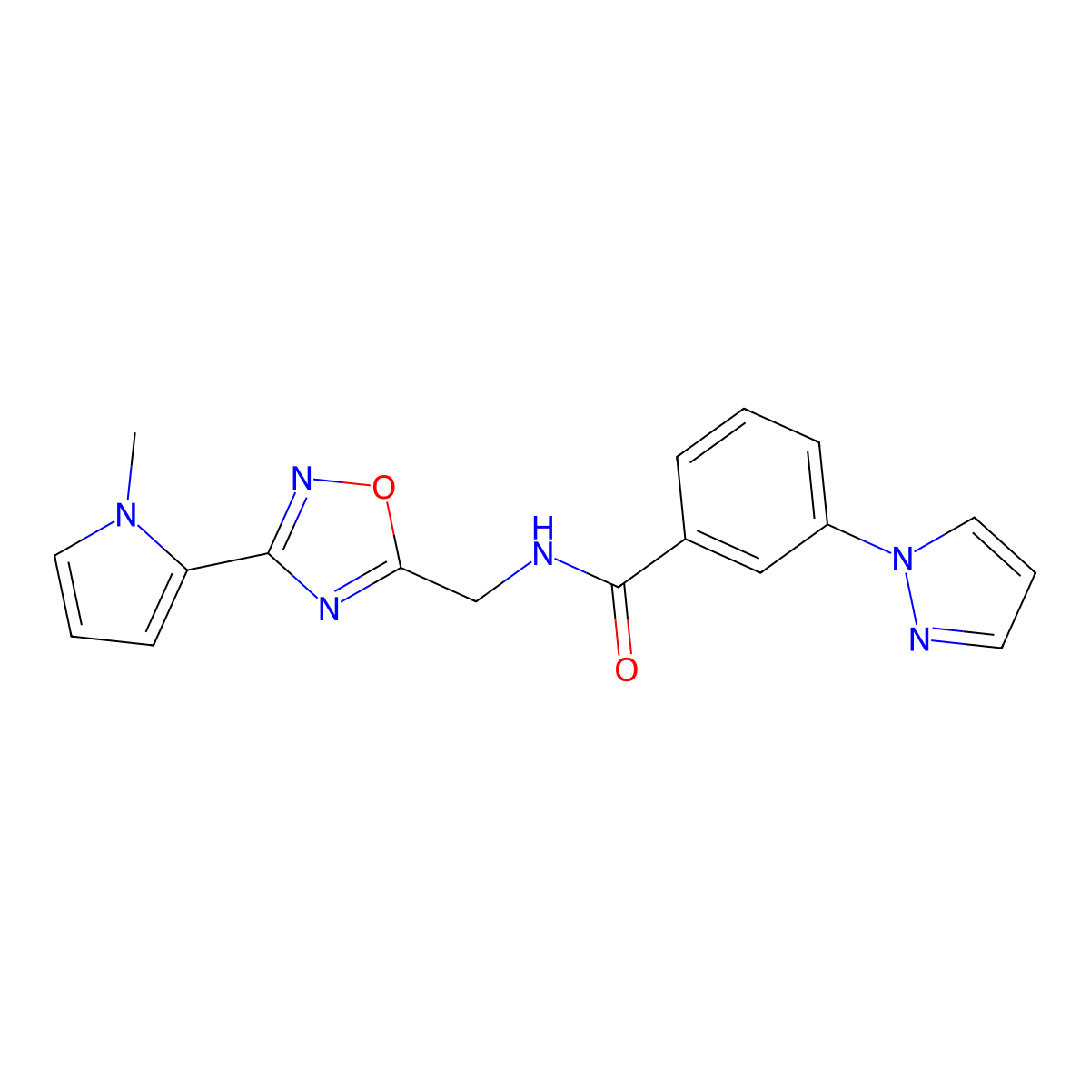N-{[3-(1-methyl-1H-pyrrol-2-yl)-1,2,4-oxadiazol-5-yl]methyl}-3-(1H-pyrazol-1-yl)benzamide molecular structure, CAS 2034508-73-9