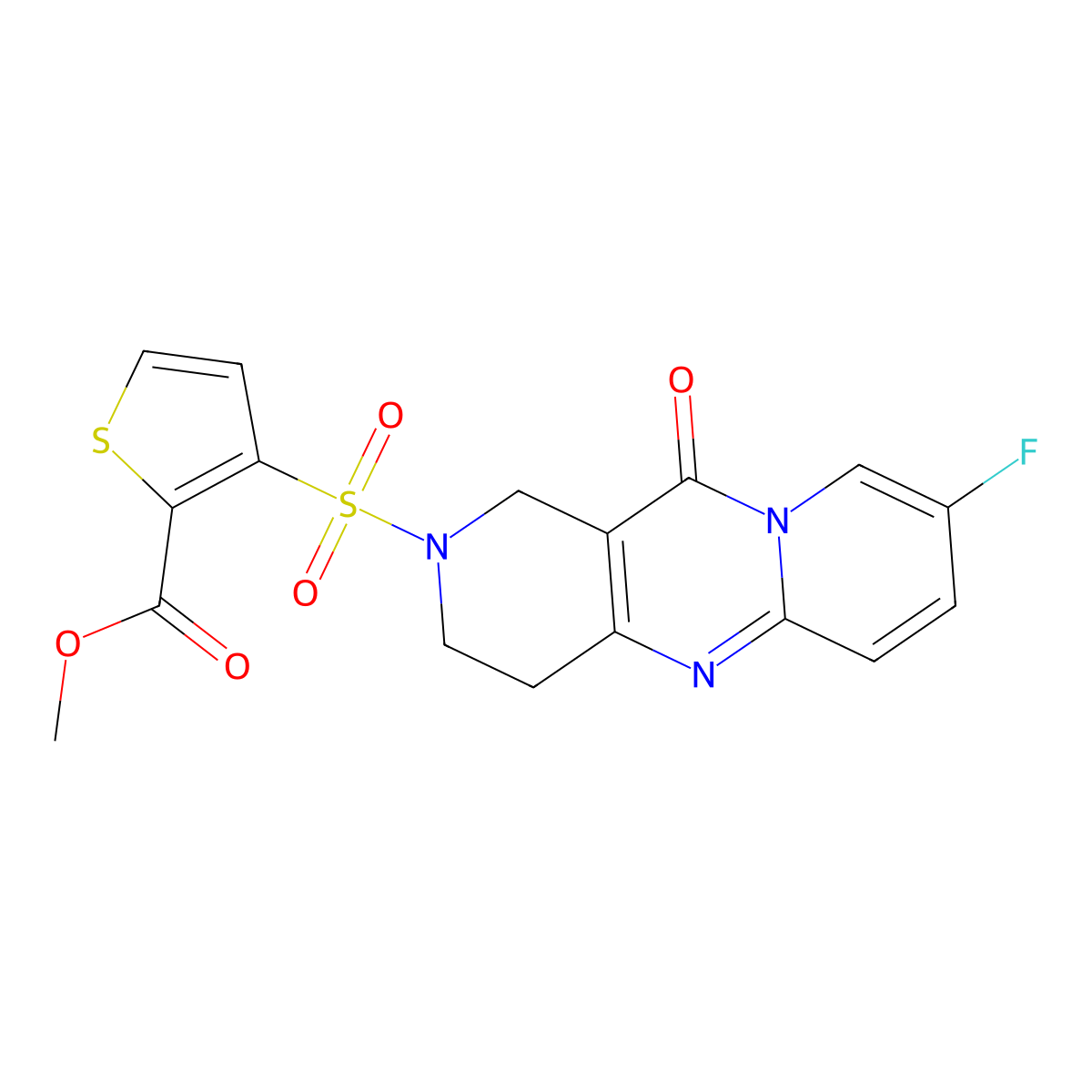 methyl 3-((8-fluoro-11-oxo-3,4-dihydro-1H-dipyrido[1,2-a:4',3'-d]pyrimidin-2(11H)-yl)sulfonyl)thiophene-2-carboxylate molecular structure, CAS 2034508-76-2