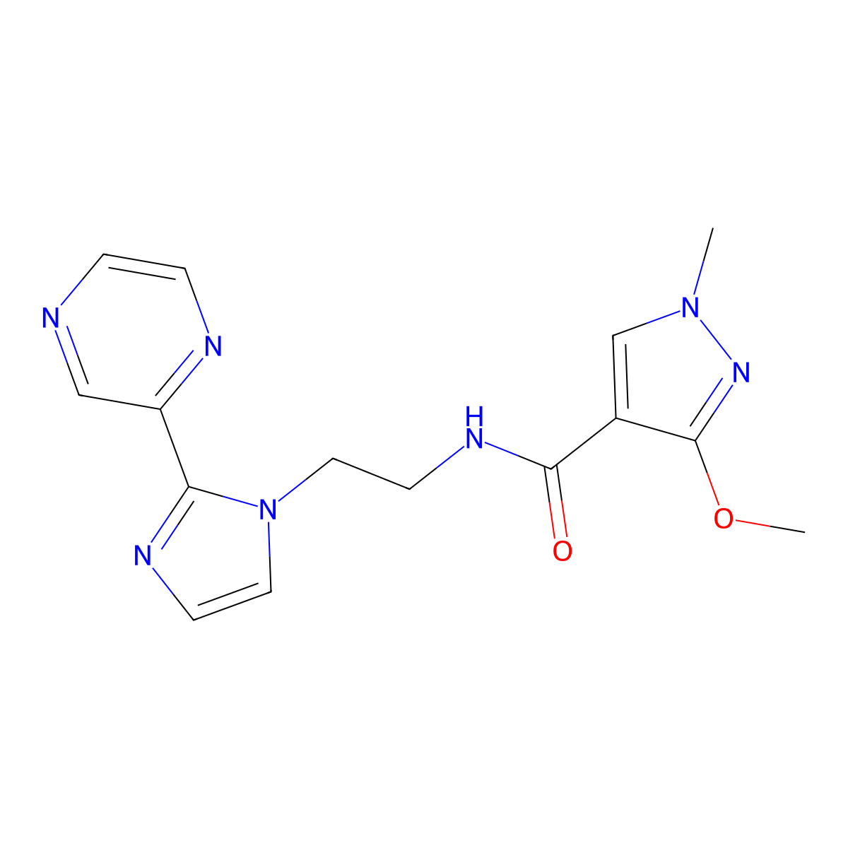 3-methoxy-1-methyl-N-{2-[2-(pyrazin-2-yl)-1H-imidazol-1-yl]ethyl}-1H-pyrazole-4-carboxamide molecular structure, CAS 2034508-77-3