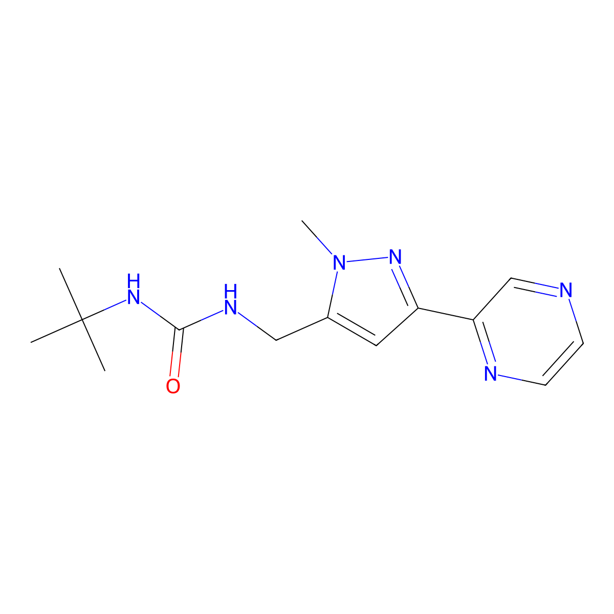 1-(tert-butyl)-3-((1-methyl-3-(pyrazin-2-yl)-1H-pyrazol-5-yl)methyl)urea molecular structure, CAS 2034508-78-4