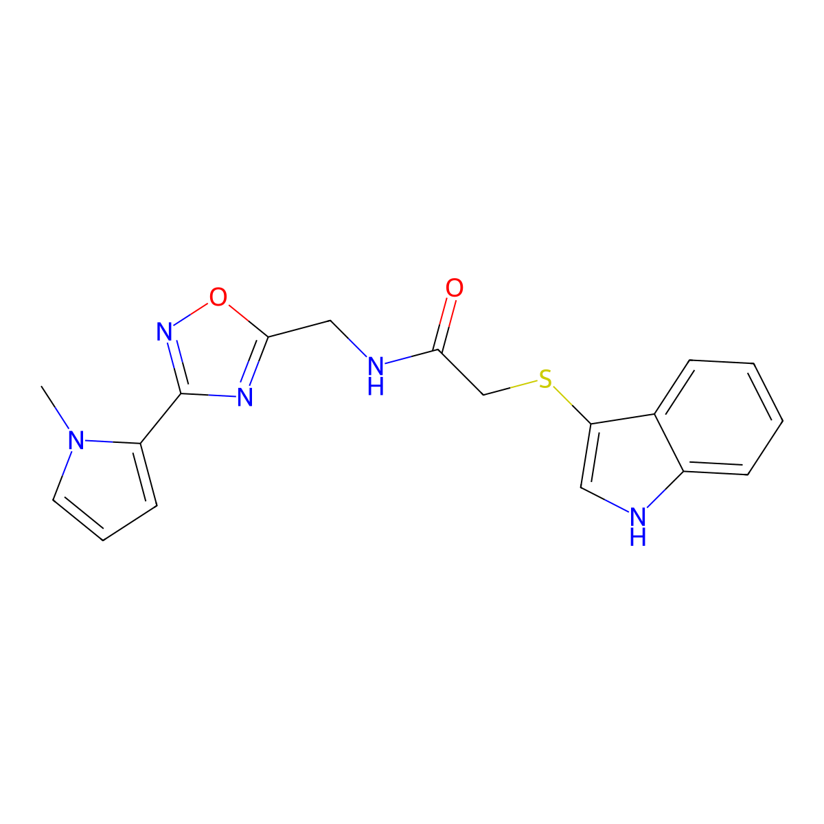 2-((1H-indol-3-yl)thio)-N-((3-(1-methyl-1H-pyrrol-2-yl)-1,2,4-oxadiazol-5-yl)methyl)acetamide molecular structure, CAS 2034508-81-9