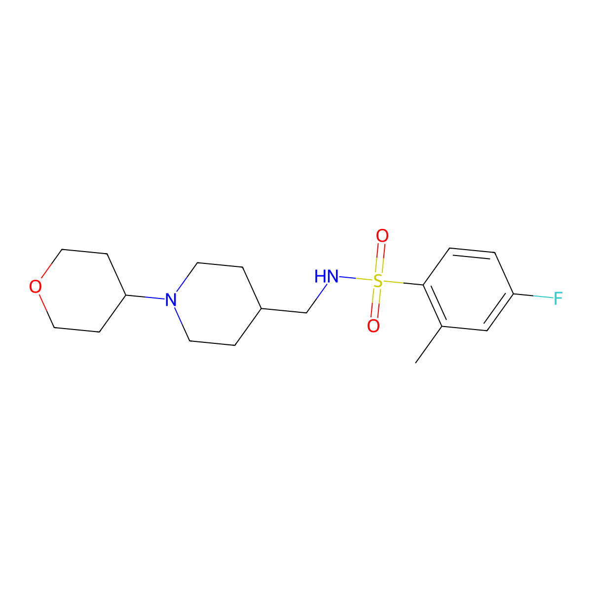 4-fluoro-2-methyl-N-((1-(tetrahydro-2H-pyran-4-yl)piperidin-4-yl)methyl)benzenesulfonamide molecular structure, CAS 2034508-84-2