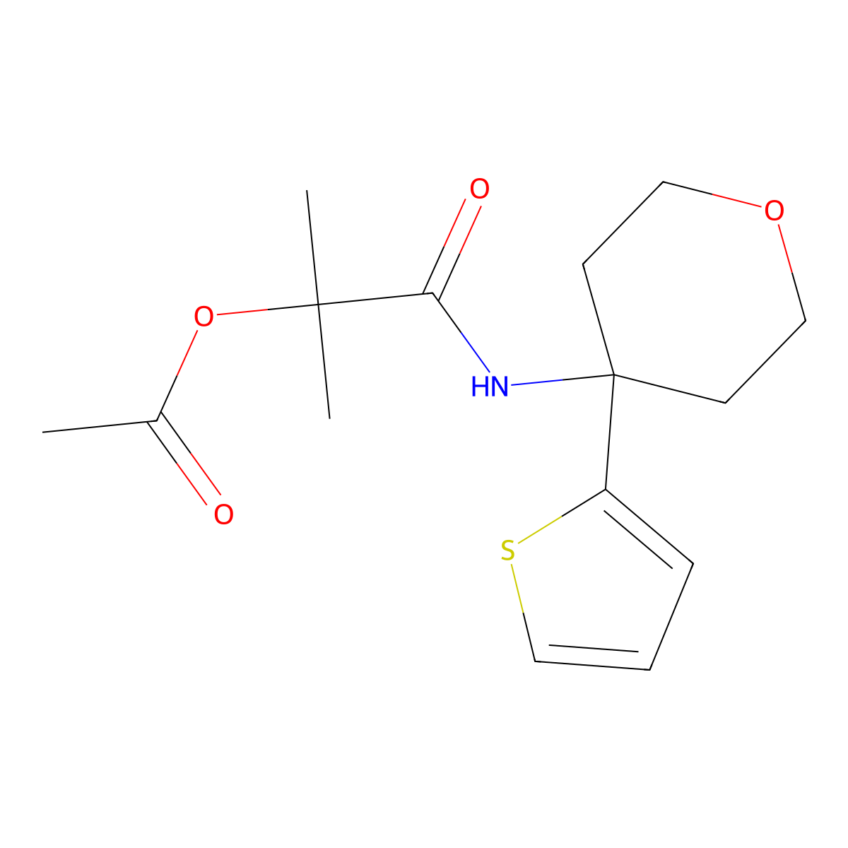 2-methyl-1-oxo-1-((4-(thiophen-2-yl)tetrahydro-2H-pyran-4-yl)amino)propan-2-yl acetate molecular structure, CAS 2034508-89-7