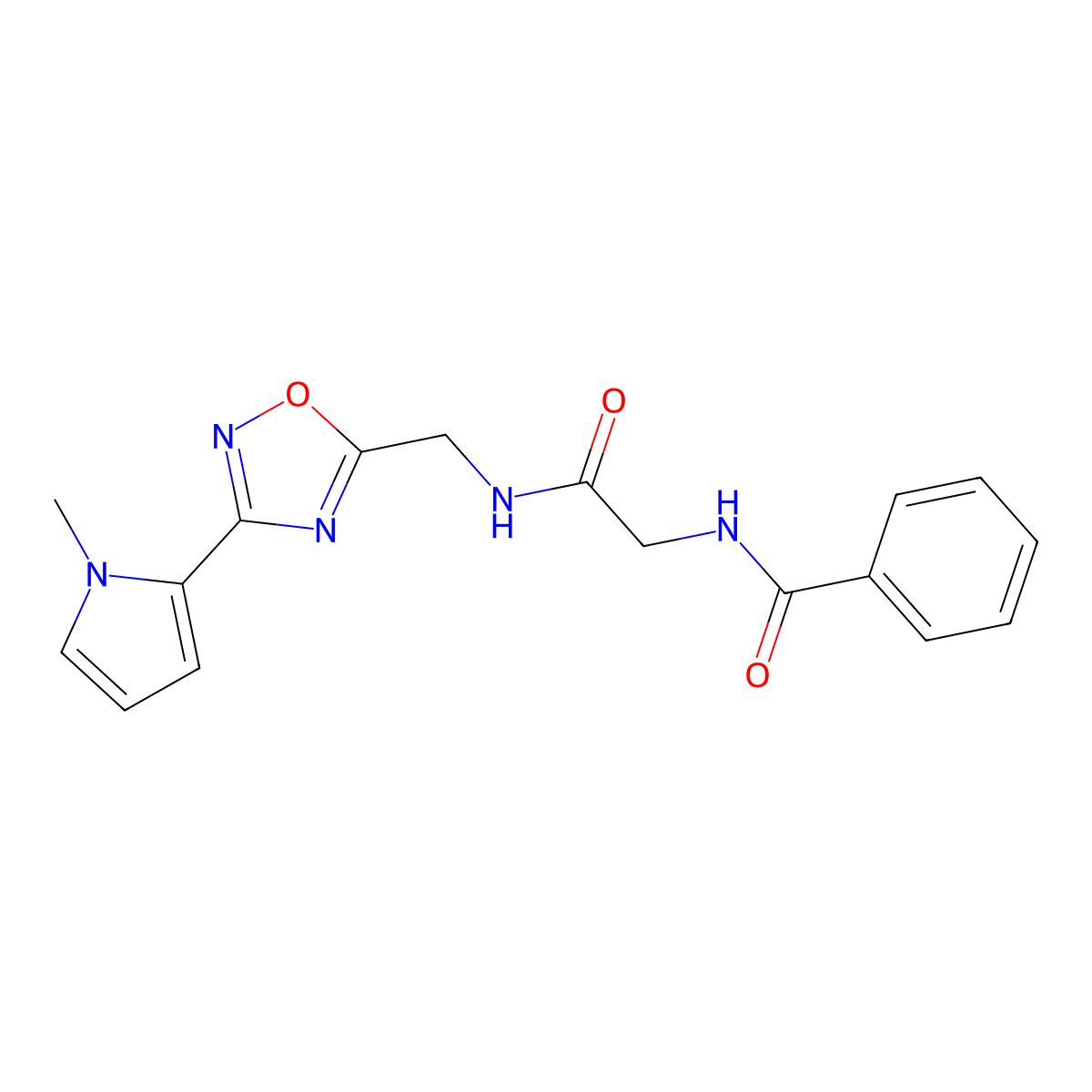 N-(2-(((3-(1-methyl-1H-pyrrol-2-yl)-1,2,4-oxadiazol-5-yl)methyl)amino)-2-oxoethyl)benzamide molecular structure, CAS 2034508-90-0