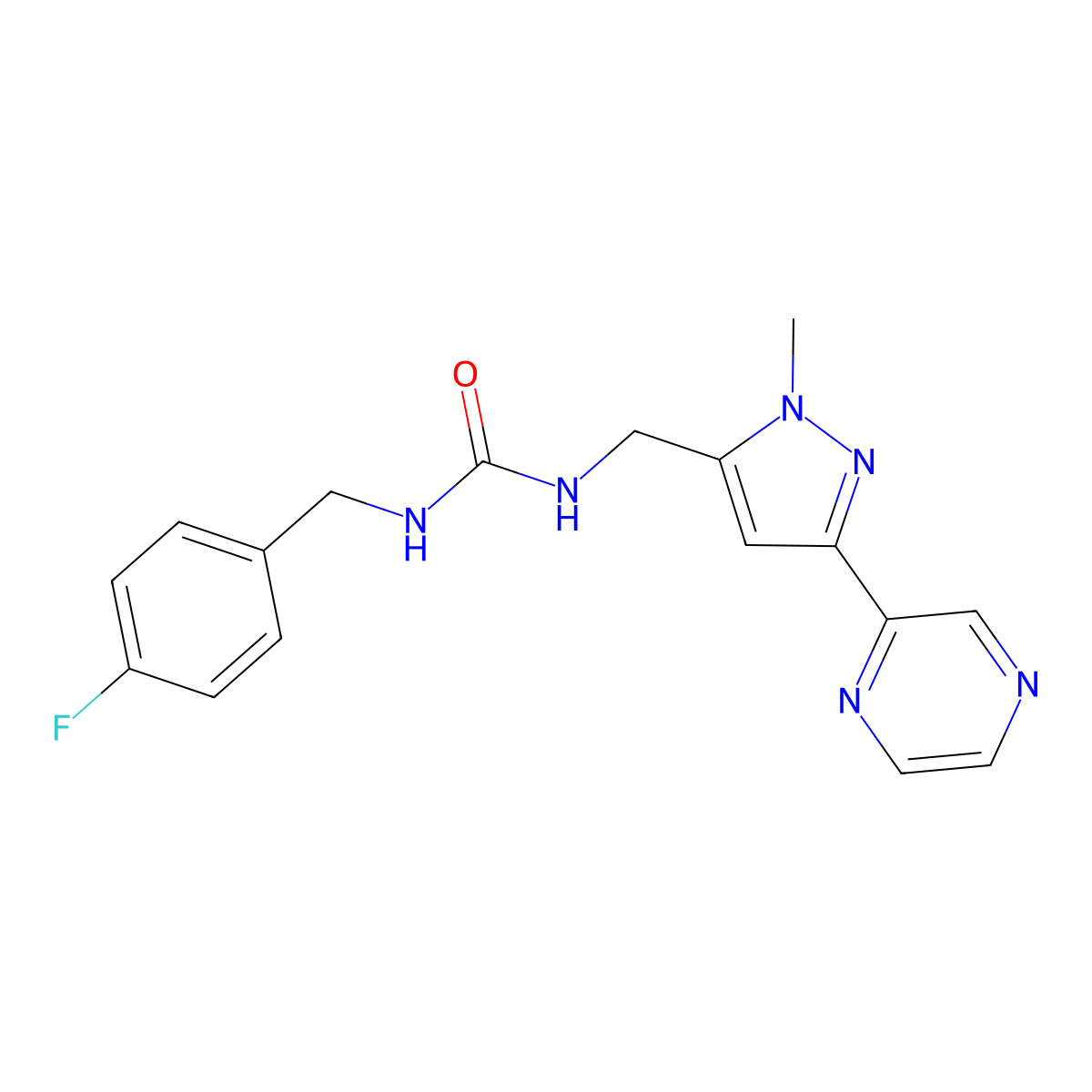 1-(4-fluorobenzyl)-3-((1-methyl-3-(pyrazin-2-yl)-1H-pyrazol-5-yl)methyl)urea molecular structure, CAS 2034508-96-6