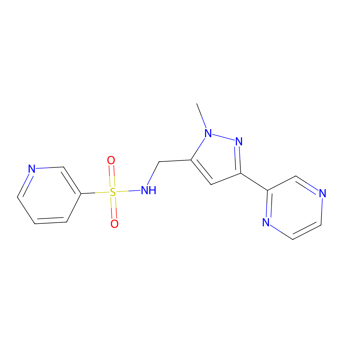 N-((1-methyl-3-(pyrazin-2-yl)-1H-pyrazol-5-yl)methyl)pyridine-3-sulfonamide molecular structure, CAS 2034509-03-8