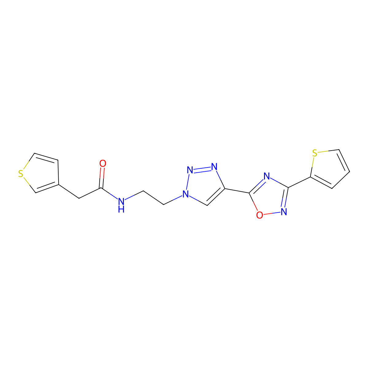 N-(2-{4-[3-(thiophen-2-yl)-1,2,4-oxadiazol-5-yl]-1H-1,2,3-triazol-1-yl}ethyl)-2-(thiophen-3-yl)acetamide molecular structure, CAS 2034509-07-2