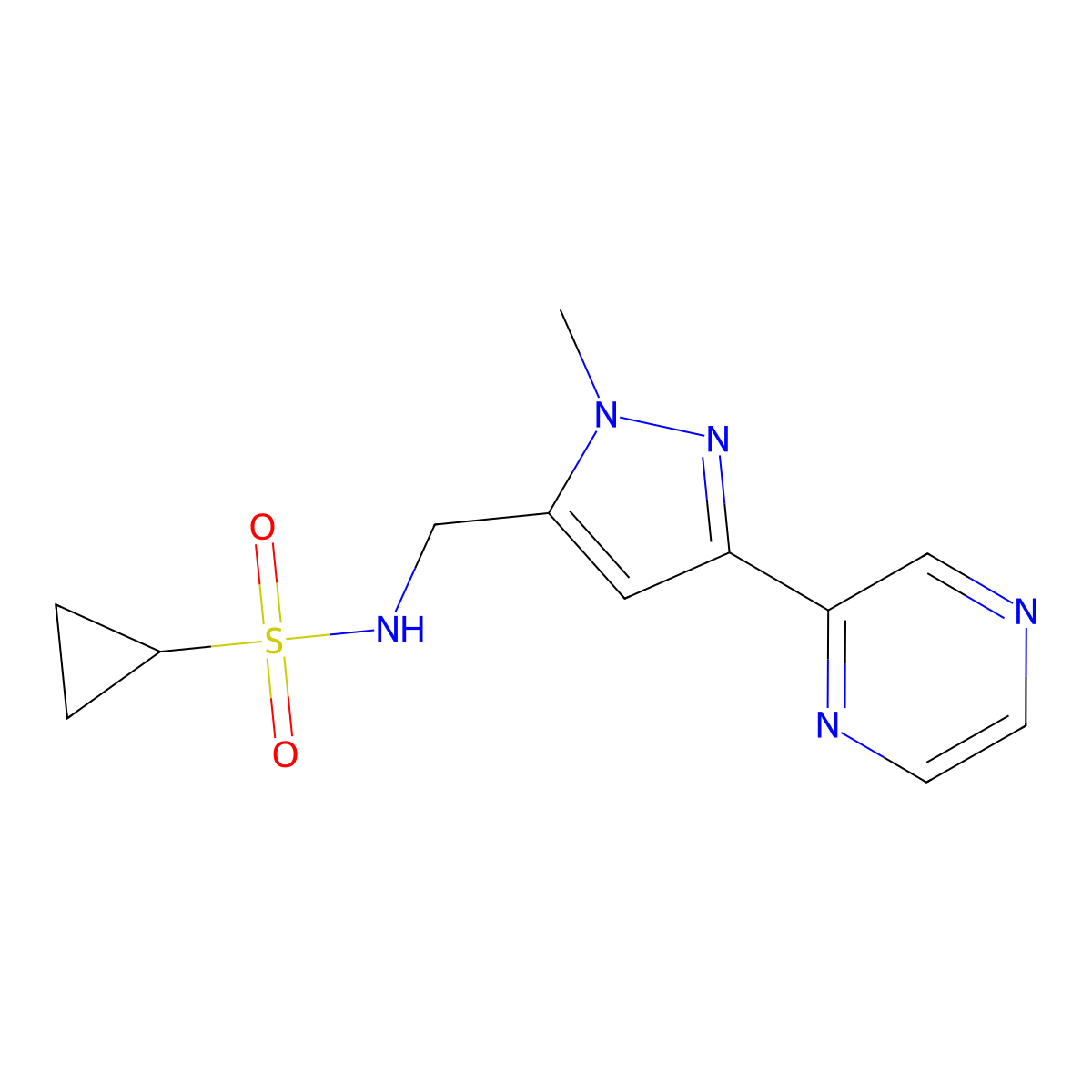 N-{[1-methyl-3-(pyrazin-2-yl)-1H-pyrazol-5-yl]methyl}cyclopropanesulfonamide molecular structure, CAS 2034509-09-4