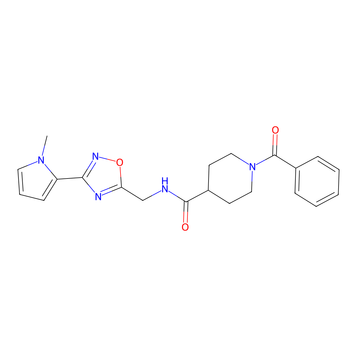 1-benzoyl-N-((3-(1-methyl-1H-pyrrol-2-yl)-1,2,4-oxadiazol-5-yl)methyl)piperidine-4-carboxamide molecular structure, CAS 2034509-11-8