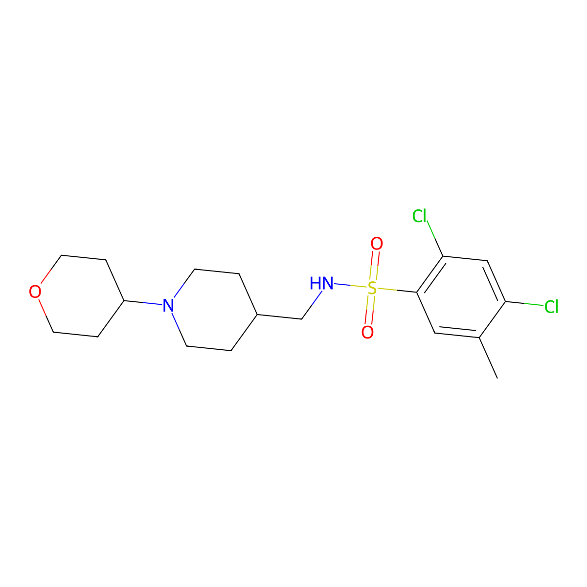 2,4-dichloro-5-methyl-N-((1-(tetrahydro-2H-pyran-4-yl)piperidin-4-yl)methyl)benzenesulfonamide molecular structure, CAS 2034509-20-9