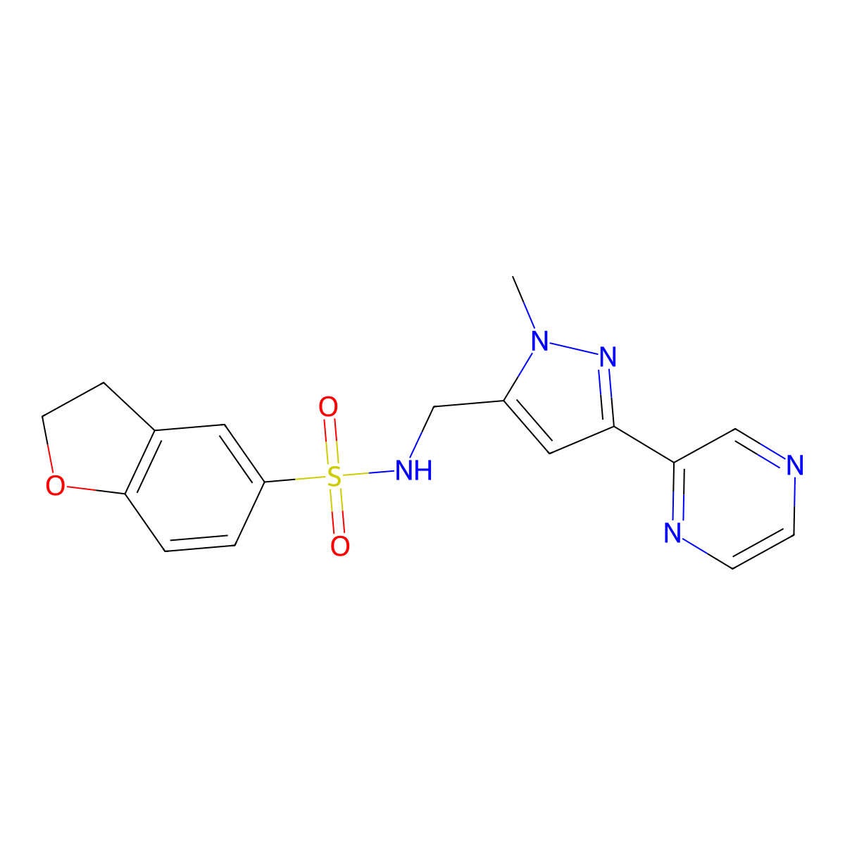 N-((1-methyl-3-(pyrazin-2-yl)-1H-pyrazol-5-yl)methyl)-2,3-dihydrobenzofuran-5-sulfonamide molecular structure, CAS 2034509-22-1