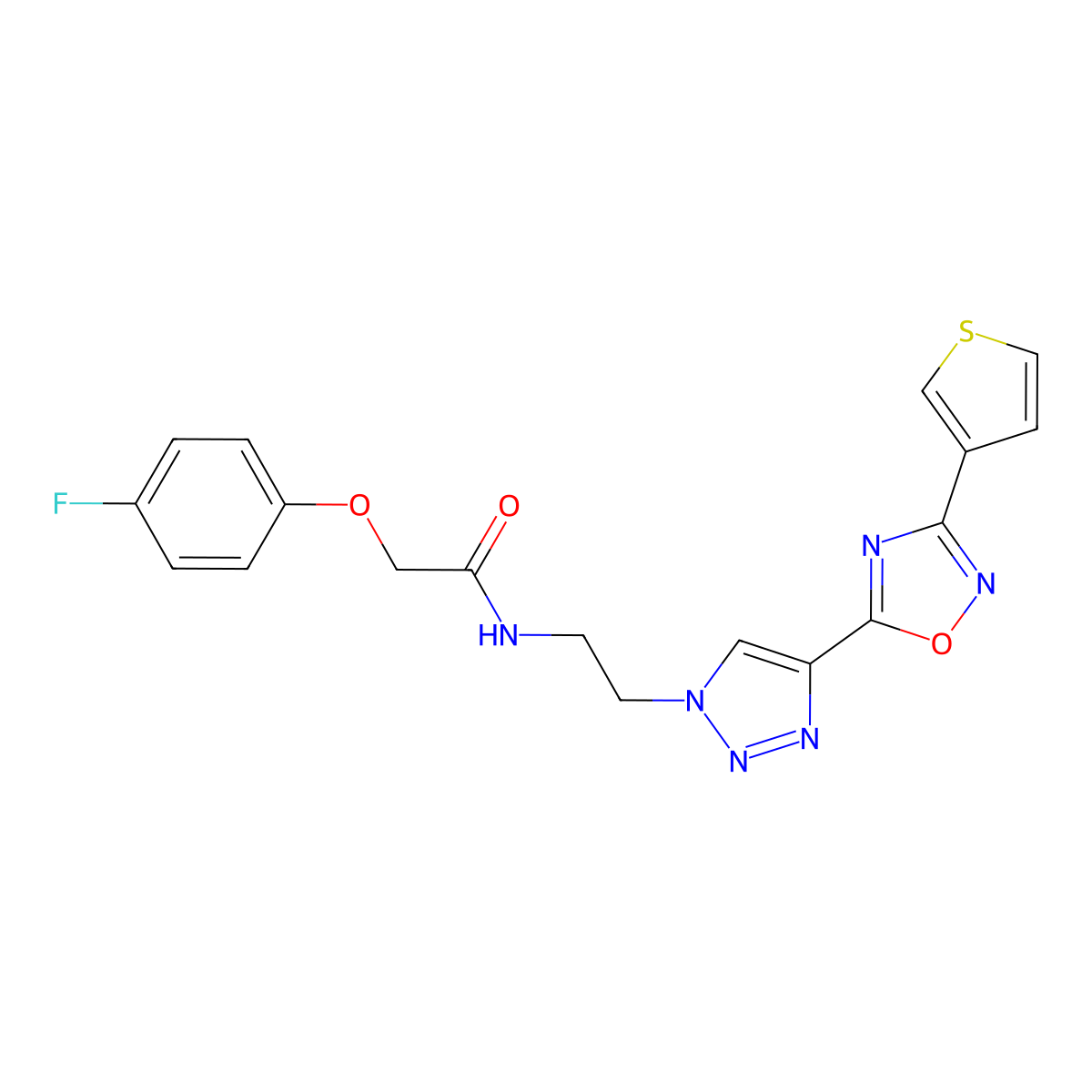 2-(4-fluorophenoxy)-N-(2-(4-(3-(thiophen-3-yl)-1,2,4-oxadiazol-5-yl)-1H-1,2,3-triazol-1-yl)ethyl)acetamide molecular structure, CAS 2034509-23-2