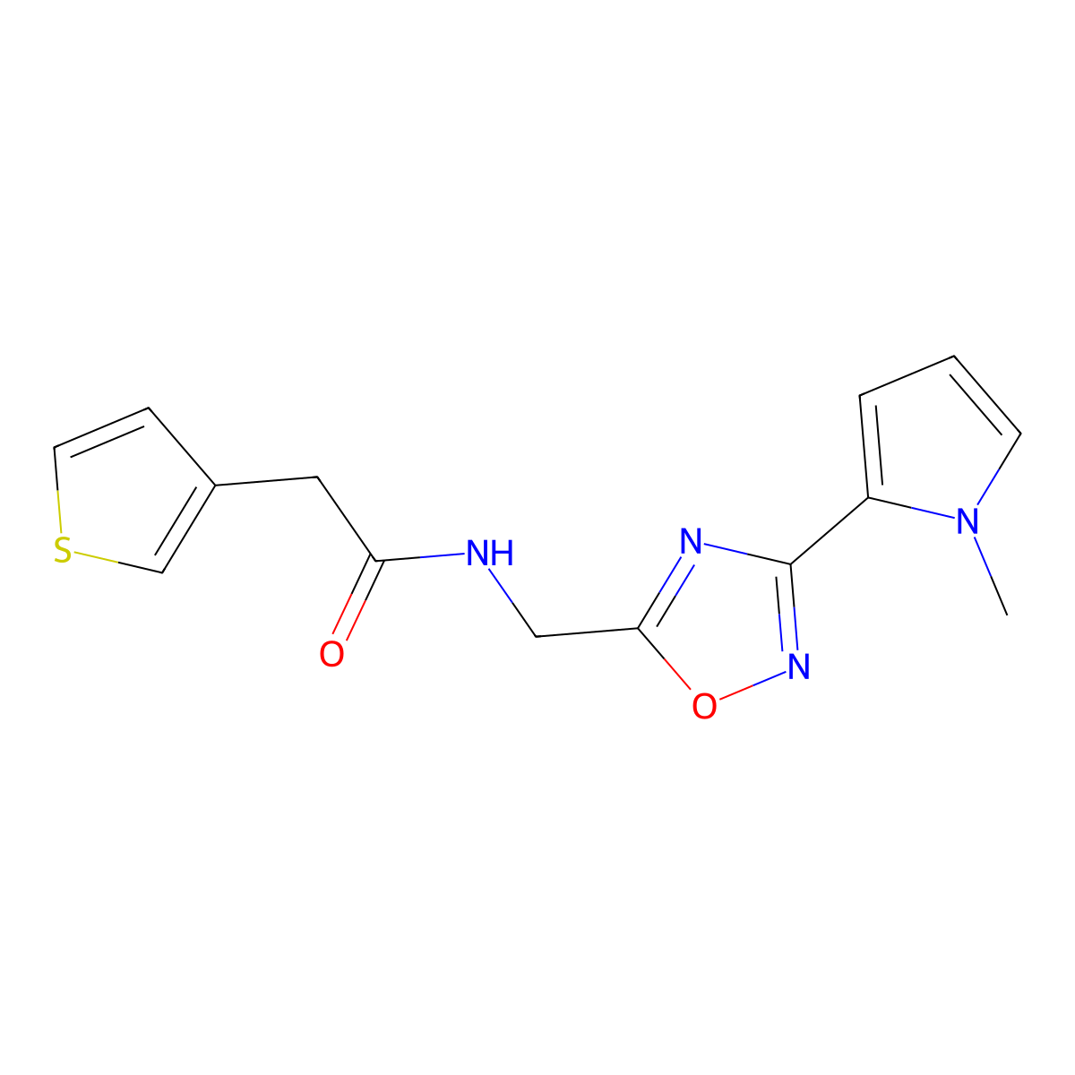 N-((3-(1-methyl-1H-pyrrol-2-yl)-1,2,4-oxadiazol-5-yl)methyl)-2-(thiophen-3-yl)acetamide molecular structure, CAS 2034509-25-4
