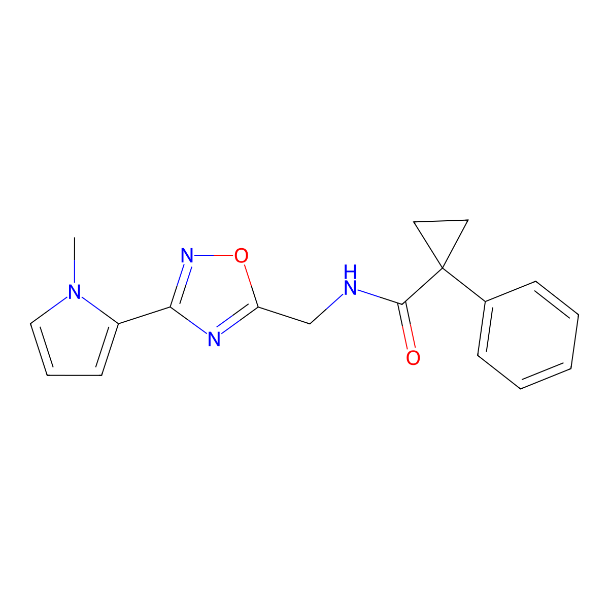 N-((3-(1-methyl-1H-pyrrol-2-yl)-1,2,4-oxadiazol-5-yl)methyl)-1-phenylcyclopropanecarboxamide molecular structure, CAS 2034509-31-2