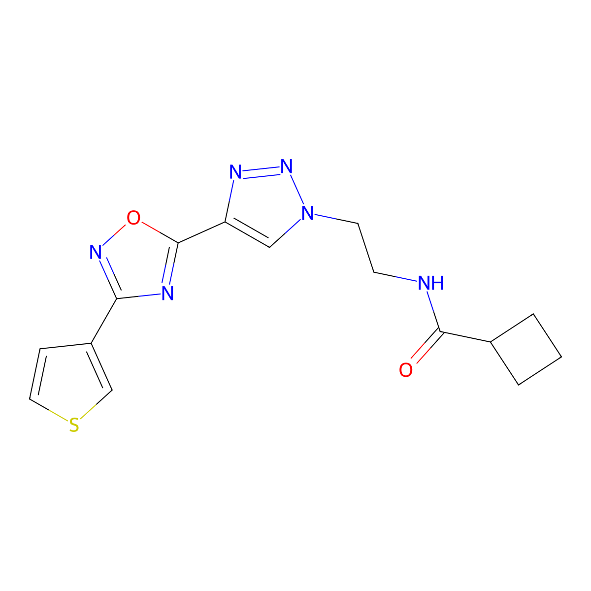 N-(2-{4-[3-(thiophen-3-yl)-1,2,4-oxadiazol-5-yl]-1H-1,2,3-triazol-1-yl}ethyl)cyclobutanecarboxamide molecular structure, CAS 2034509-32-3