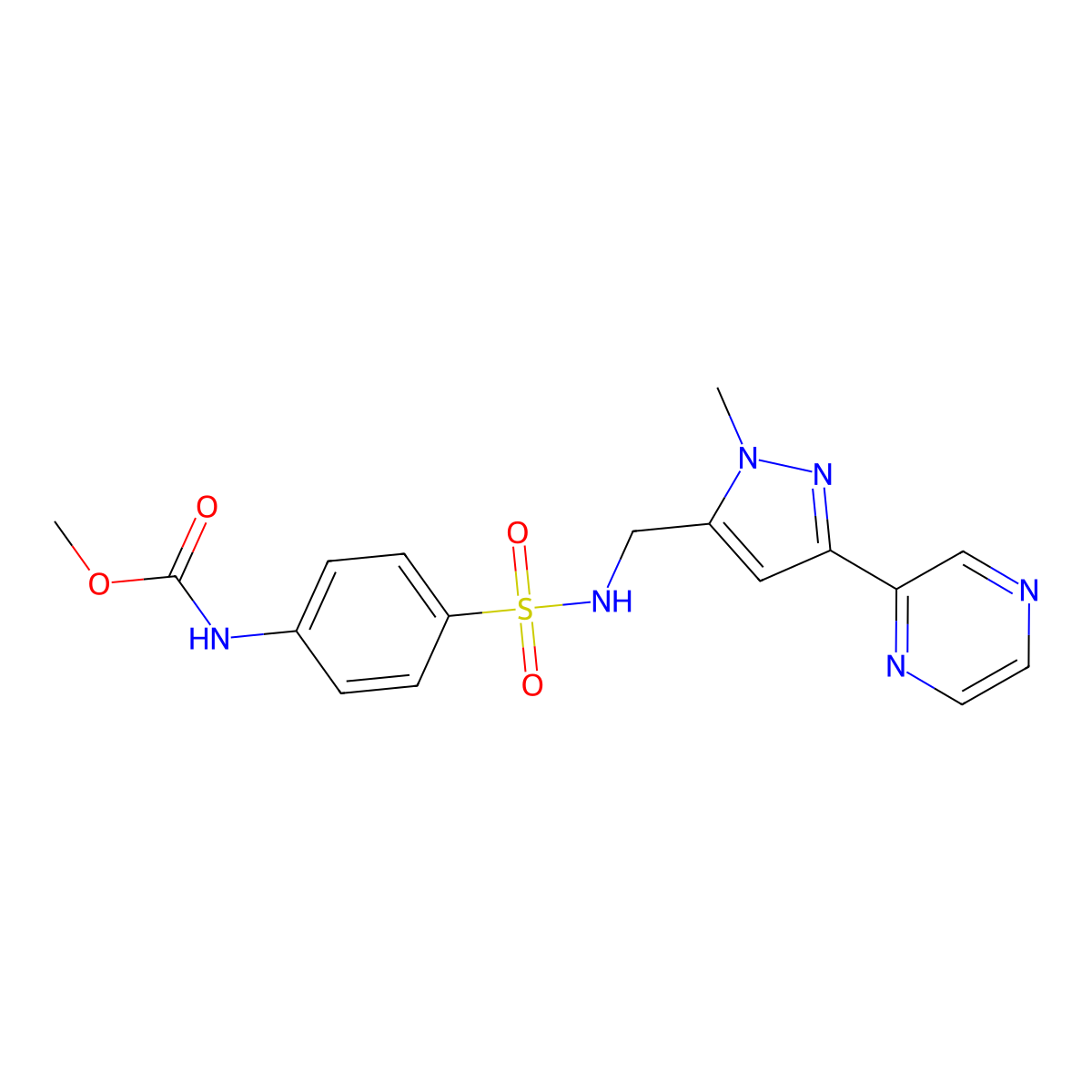 methyl (4-(N-((1-methyl-3-(pyrazin-2-yl)-1H-pyrazol-5-yl)methyl)sulfamoyl)phenyl)carbamate molecular structure, CAS 2034509-36-7