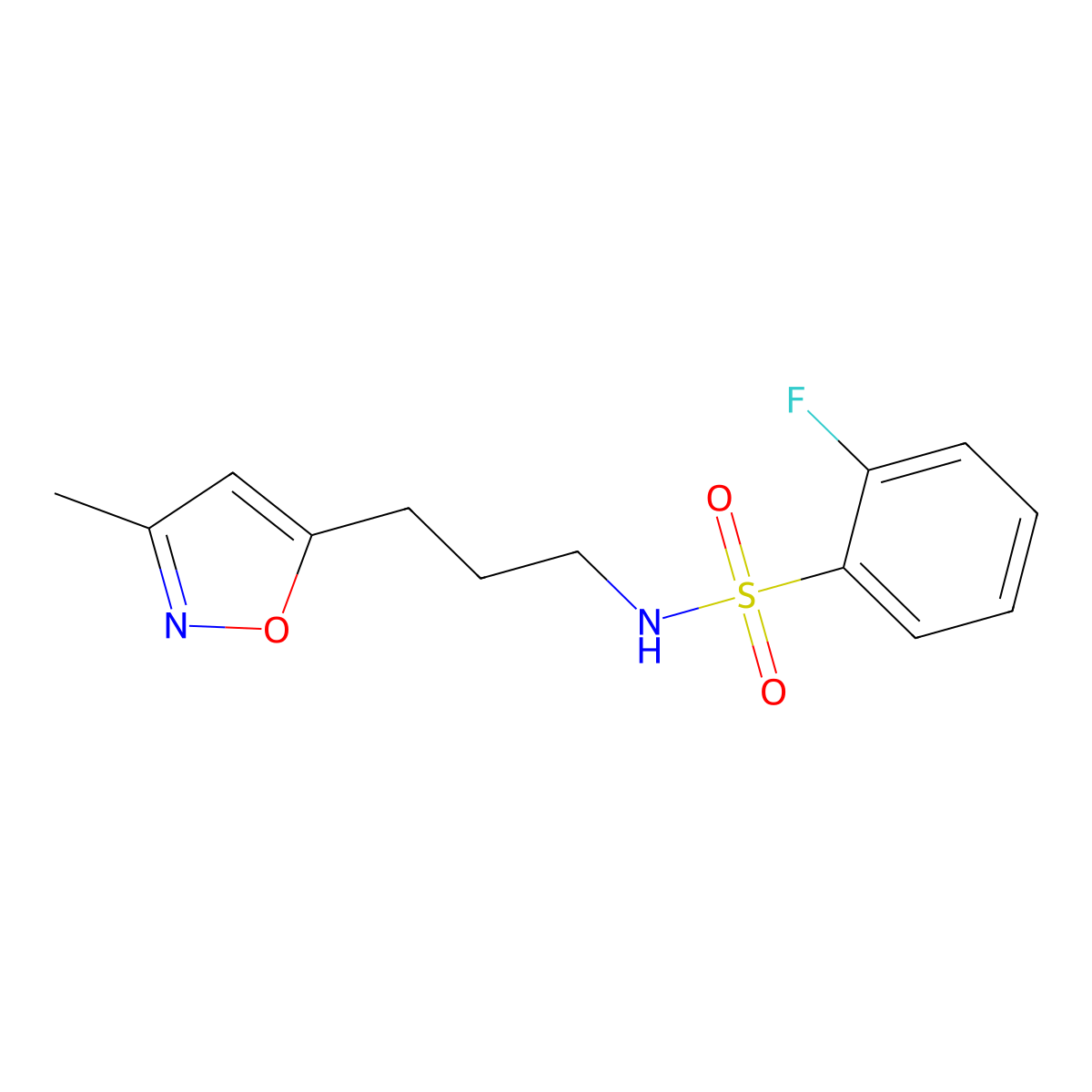 2-fluoro-N-(3-(3-methylisoxazol-5-yl)propyl)benzenesulfonamide molecular structure, CAS 2034509-40-3