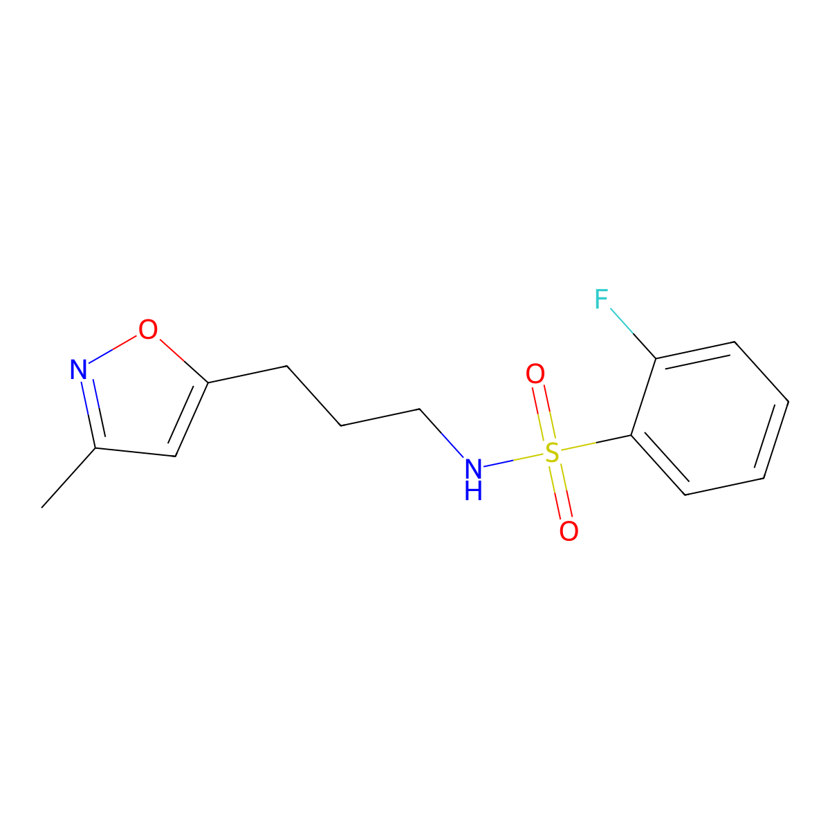 2-fluoro-N-(3-(3-methylisoxazol-5-yl)propyl)benzenesulfonamide molecular structure, CAS 2034509-40-3