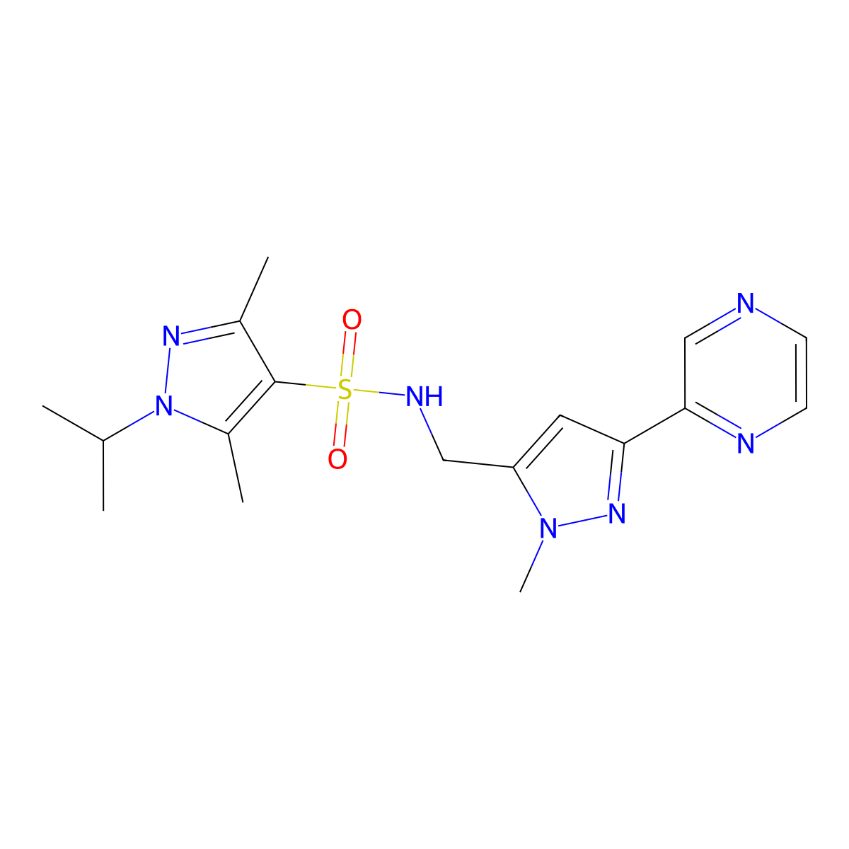 1-isopropyl-3,5-dimethyl-N-((1-methyl-3-(pyrazin-2-yl)-1H-pyrazol-5-yl)methyl)-1H-pyrazole-4-sulfonamide molecular structure, CAS 2034509-41-4