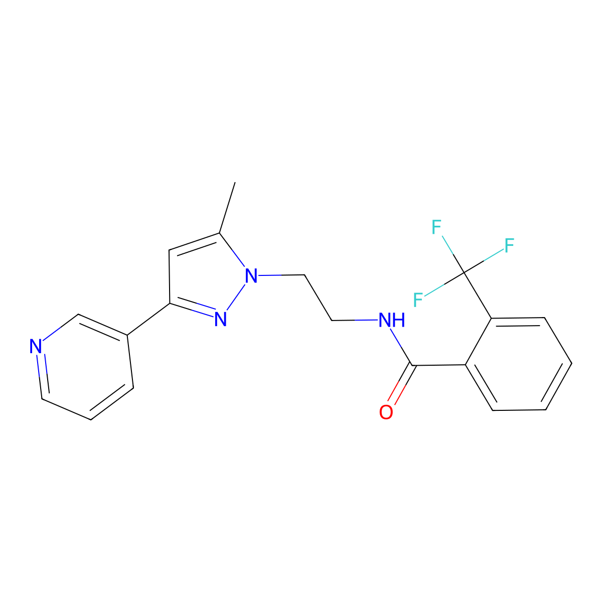 N-(2-(5-methyl-3-(pyridin-3-yl)-1H-pyrazol-1-yl)ethyl)-2-(trifluoromethyl)benzamide molecular structure, CAS 2034509-48-1
