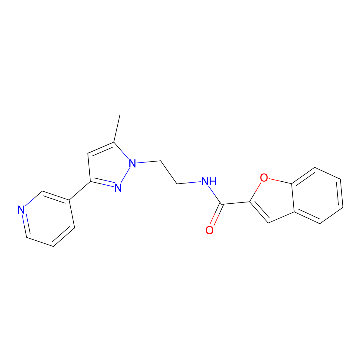 N-(2-(5-methyl-3-(pyridin-3-yl)-1H-pyrazol-1-yl)ethyl)benzofuran-2-carboxamide molecular structure, CAS 2034509-66-3